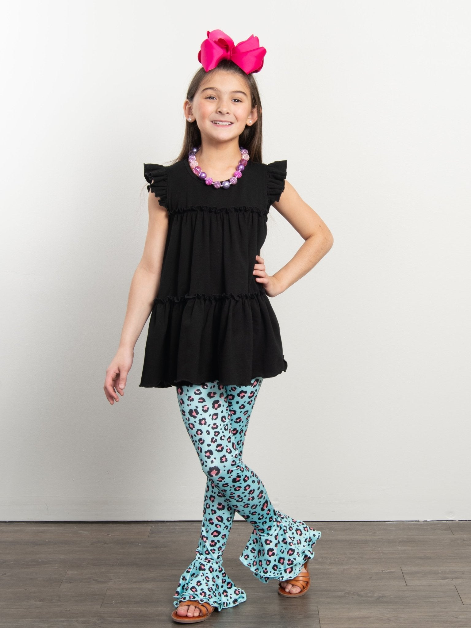 Turquoise Leopard Tiered Bell Bottoms - Marie Nicole Clothing