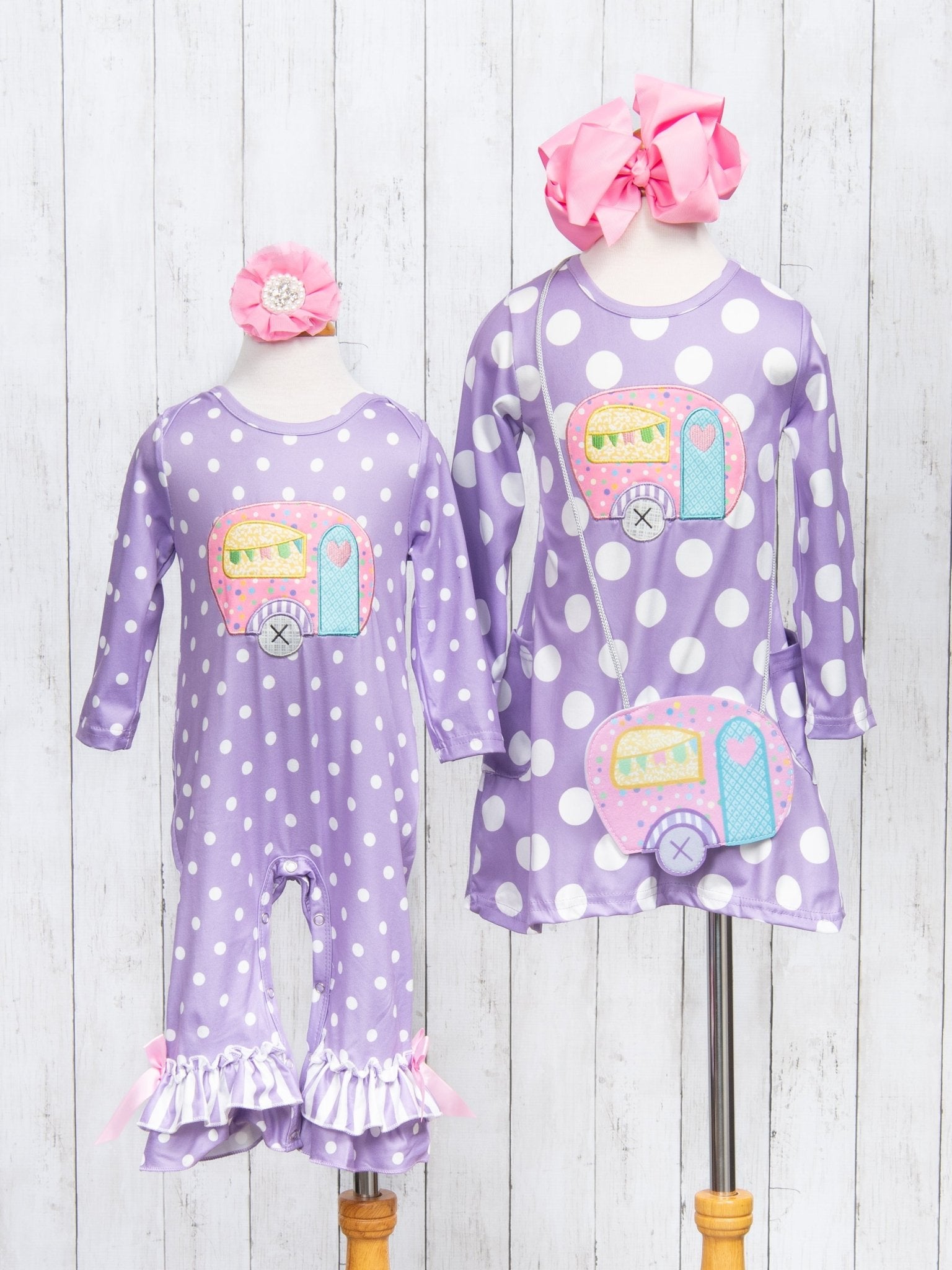 Purple Polka Dot Camper Ruffle Romper - Marie Nicole Clothing