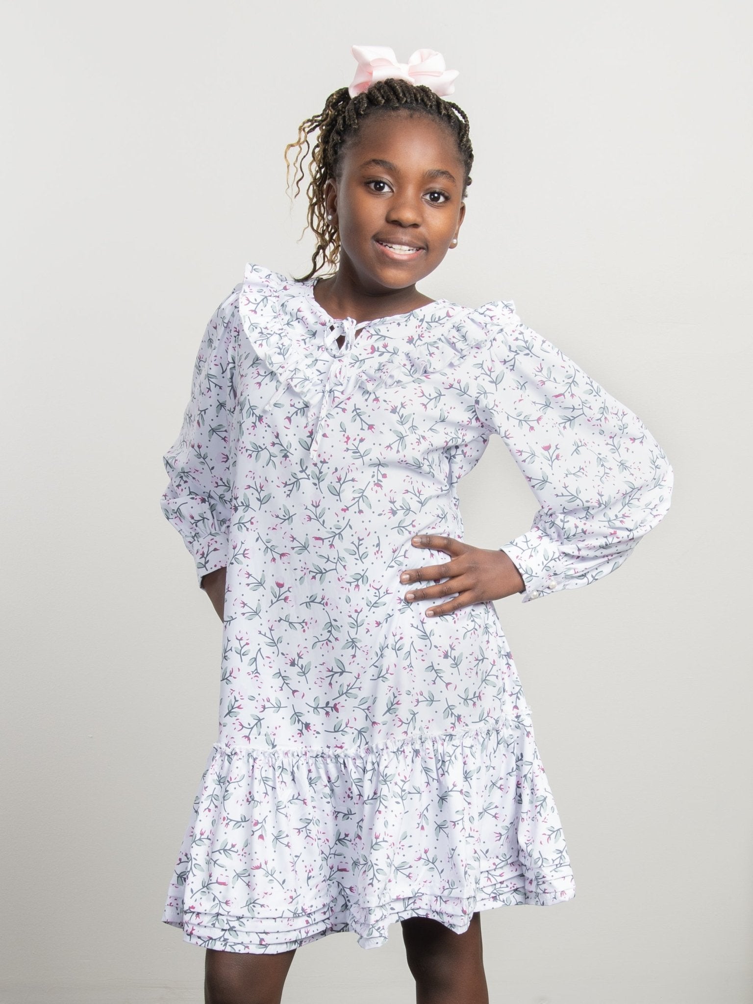White Floral Mock Neck Ruffle Dress - Marie Nicole Clothing