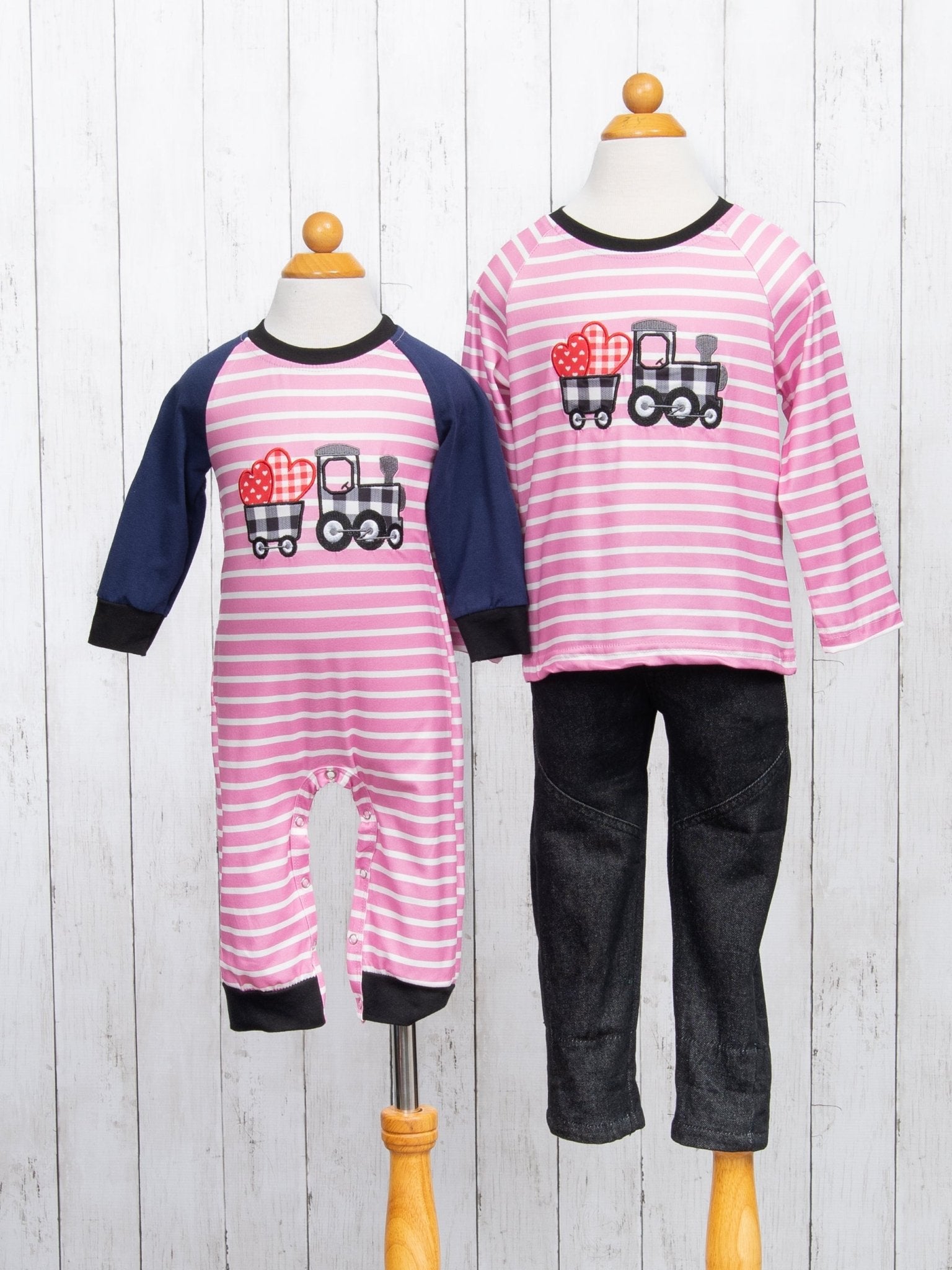 Gingham Heart Train Raglan Romper - Marie Nicole Clothing