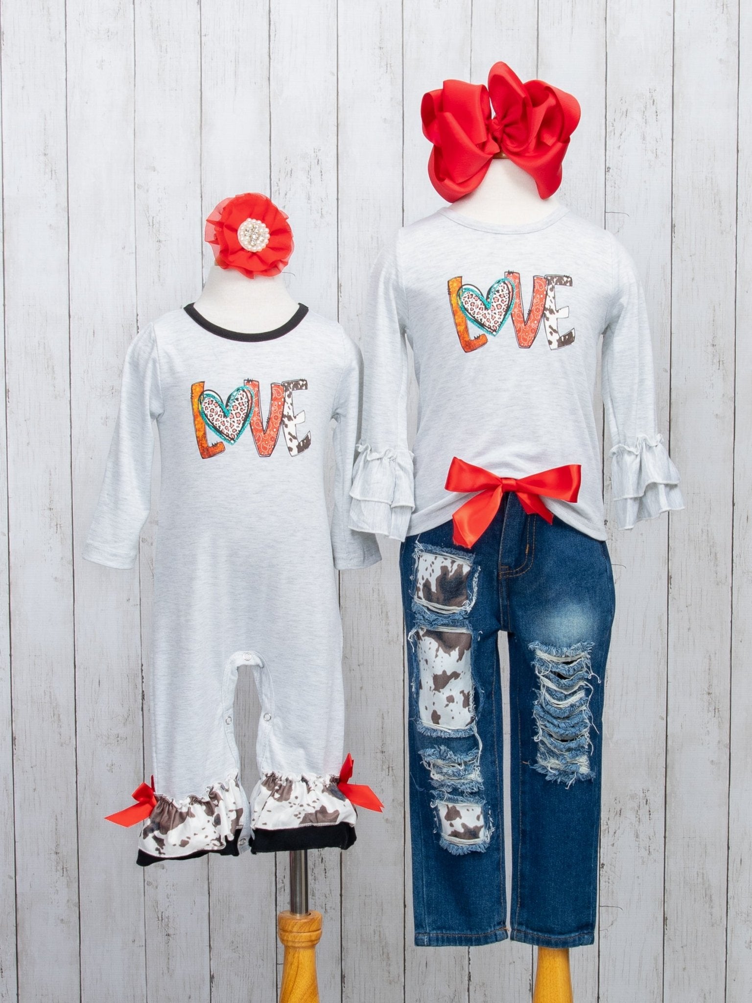 "LOVE" Cow Print Ruffle Romper - Marie Nicole Clothing
