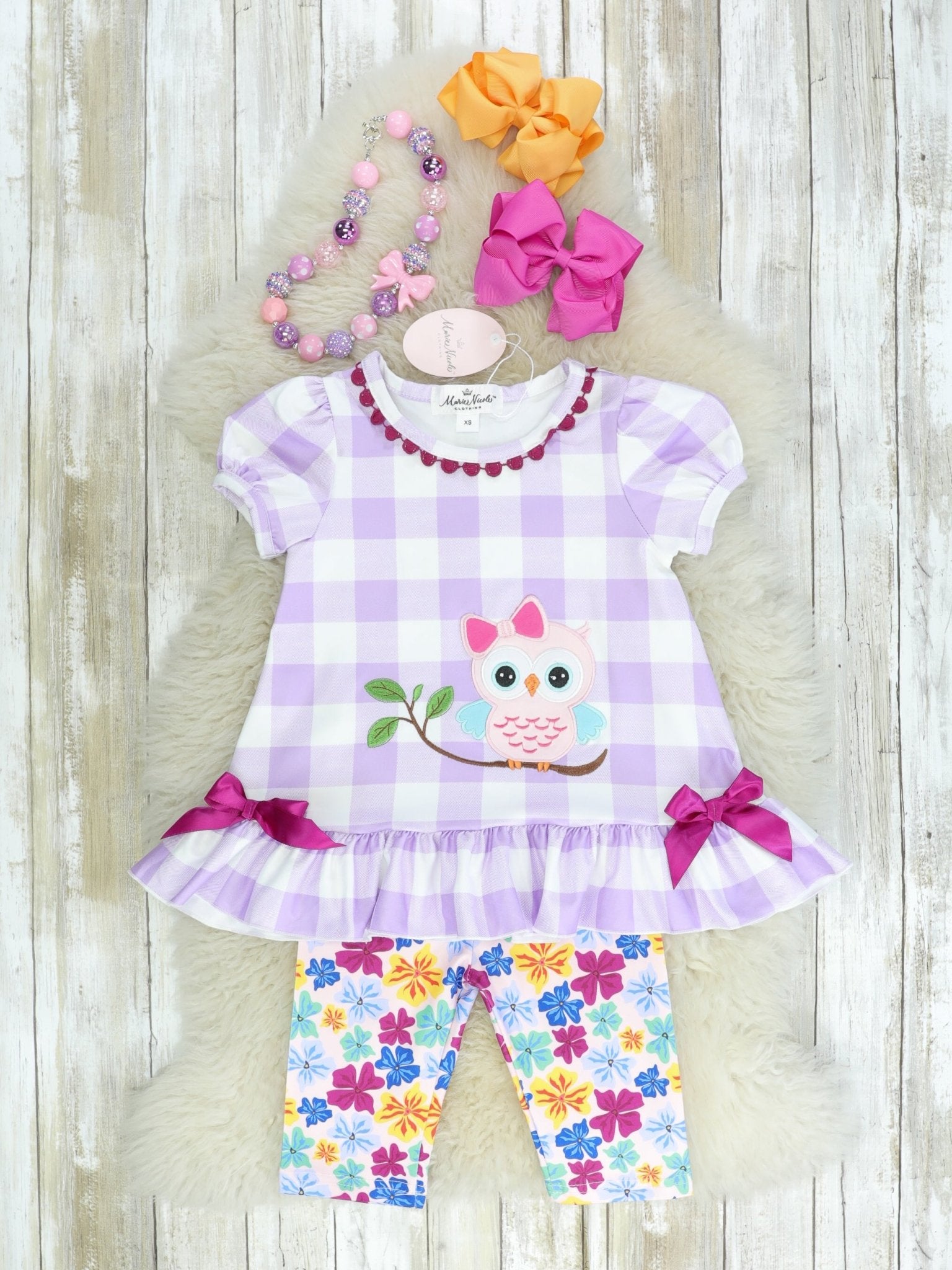 Purple Plaid Owl Ruffle Outfit - Marie Nicole Clothing