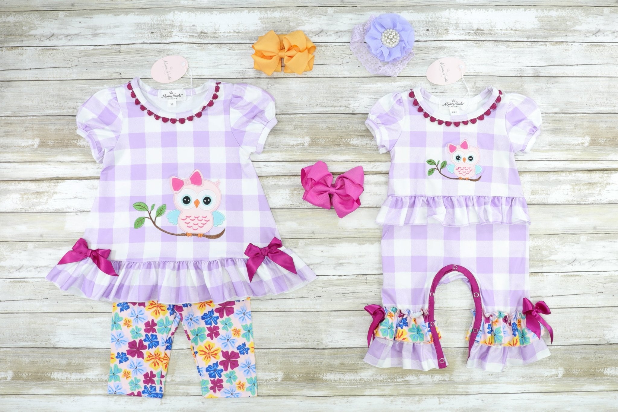 Purple Plaid Owl Ruffle Romper - Marie Nicole Clothing