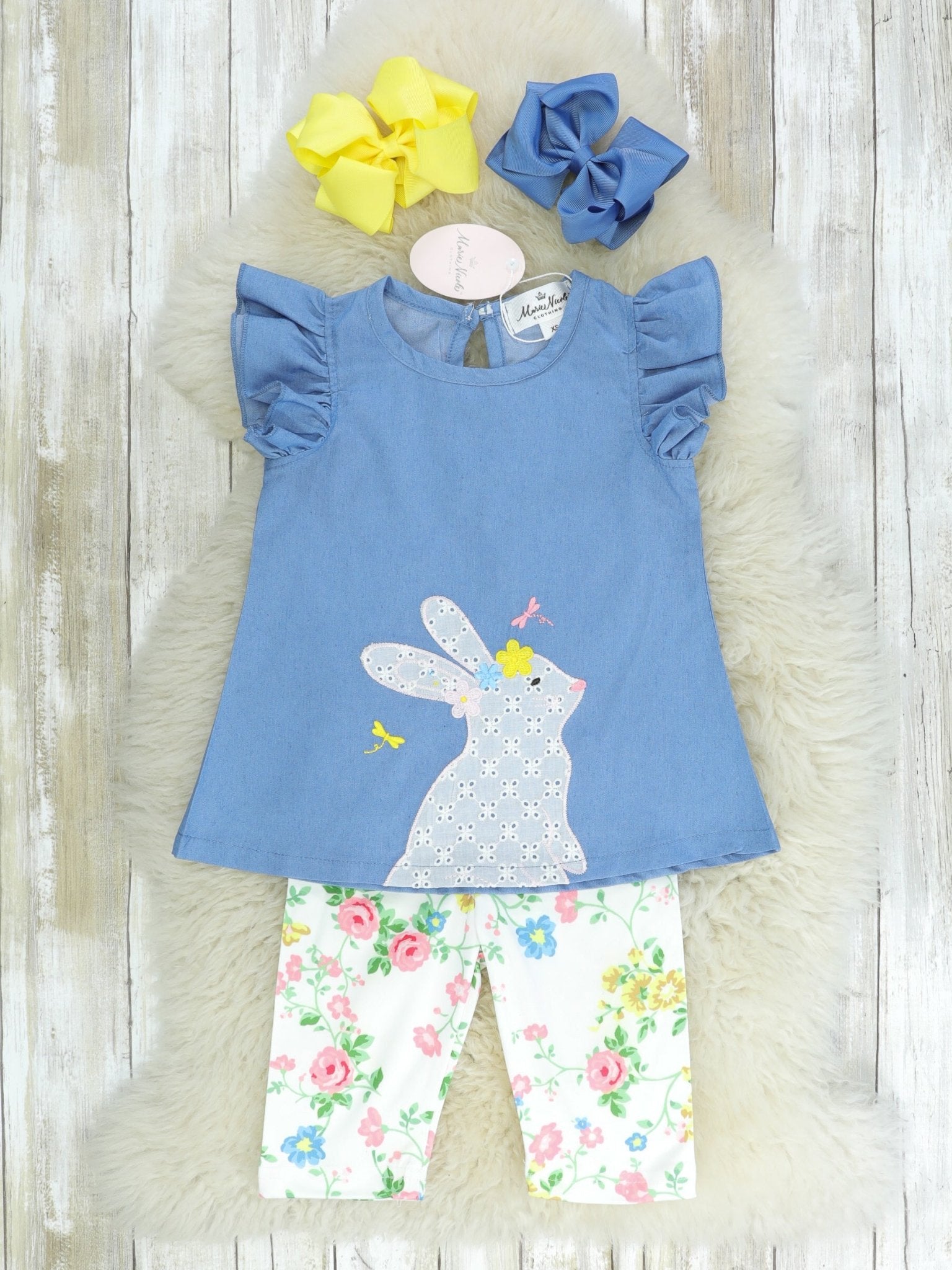 Chambray Bunny Ruffle Tunic & Floral Capris - Marie Nicole Clothing