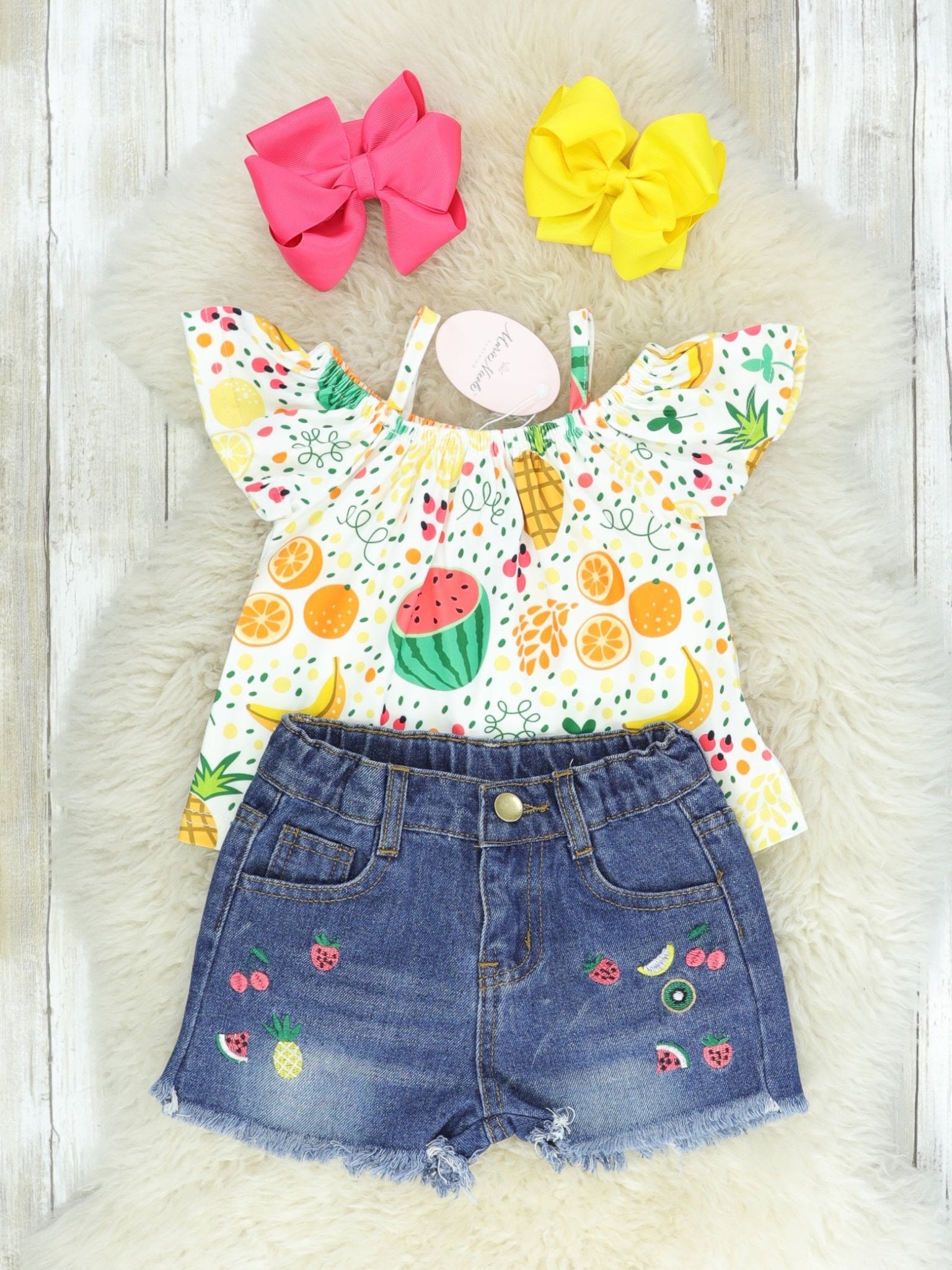 Tropical Fruit Ruffle Top Denim Outfit - Marie Nicole Clothing