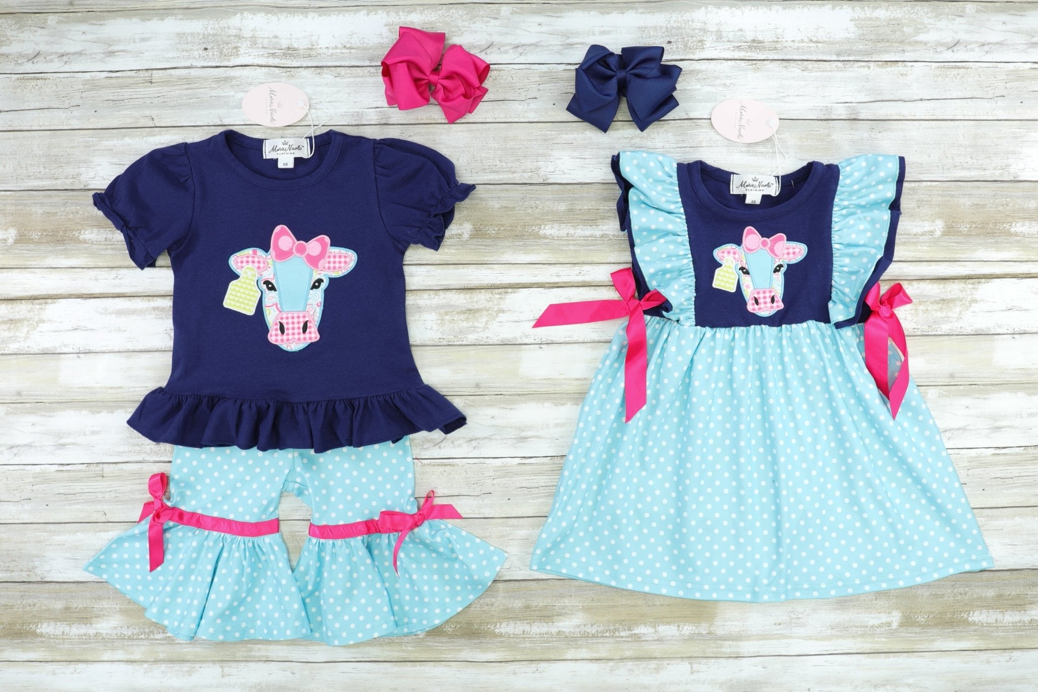 Navy & Light Blue Polka Dot Cow Dress - Marie Nicole Clothing