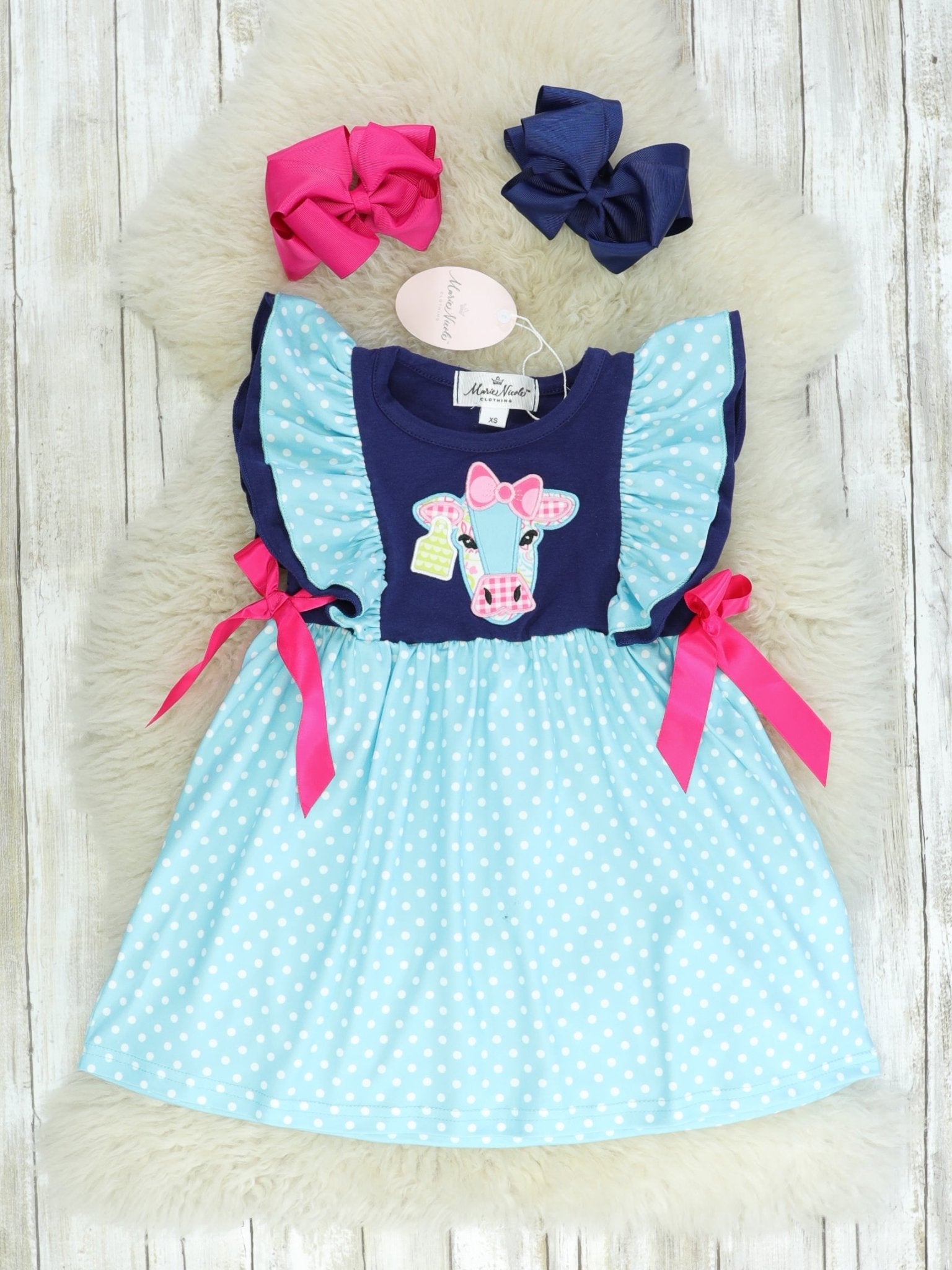 Navy & Light Blue Polka Dot Cow Dress - Marie Nicole Clothing