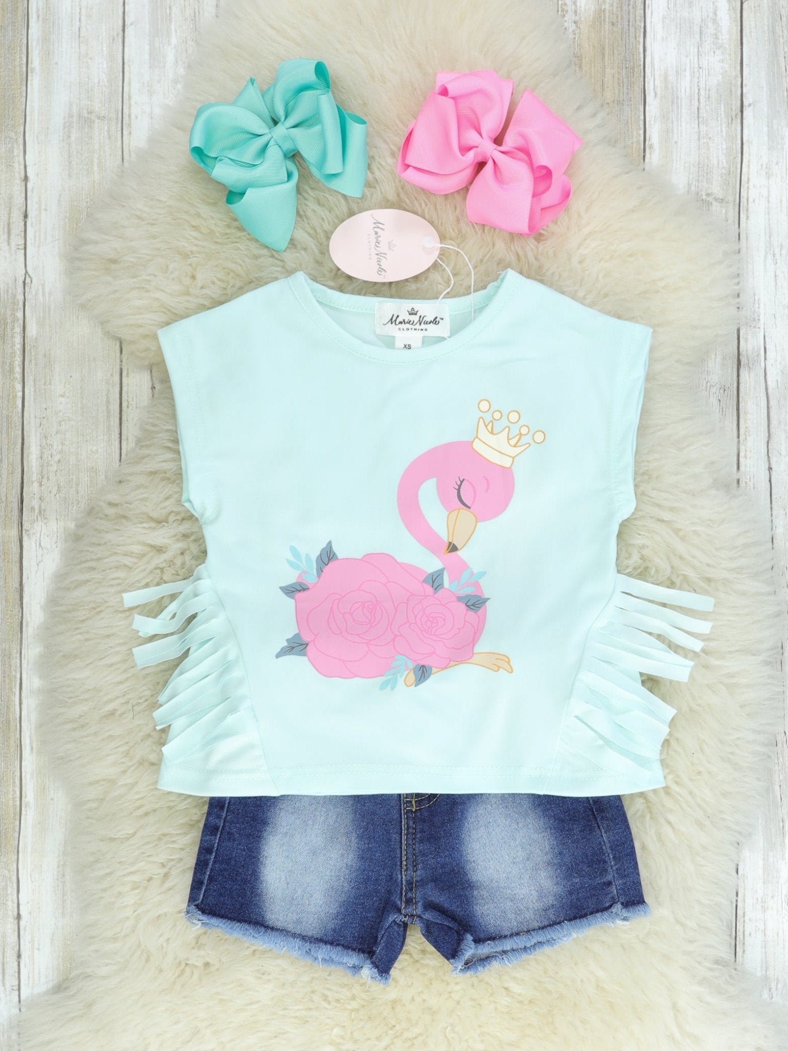 Blue Fringe Flamingo Top & Denim Shorts Outfit - Marie Nicole Clothing