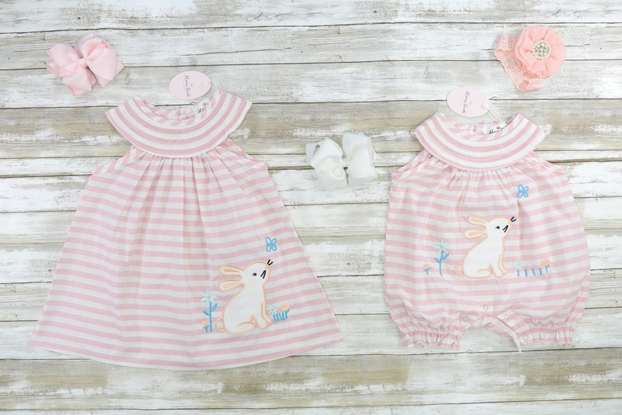 Pink & White Striped Bunny Romper - Marie Nicole Clothing