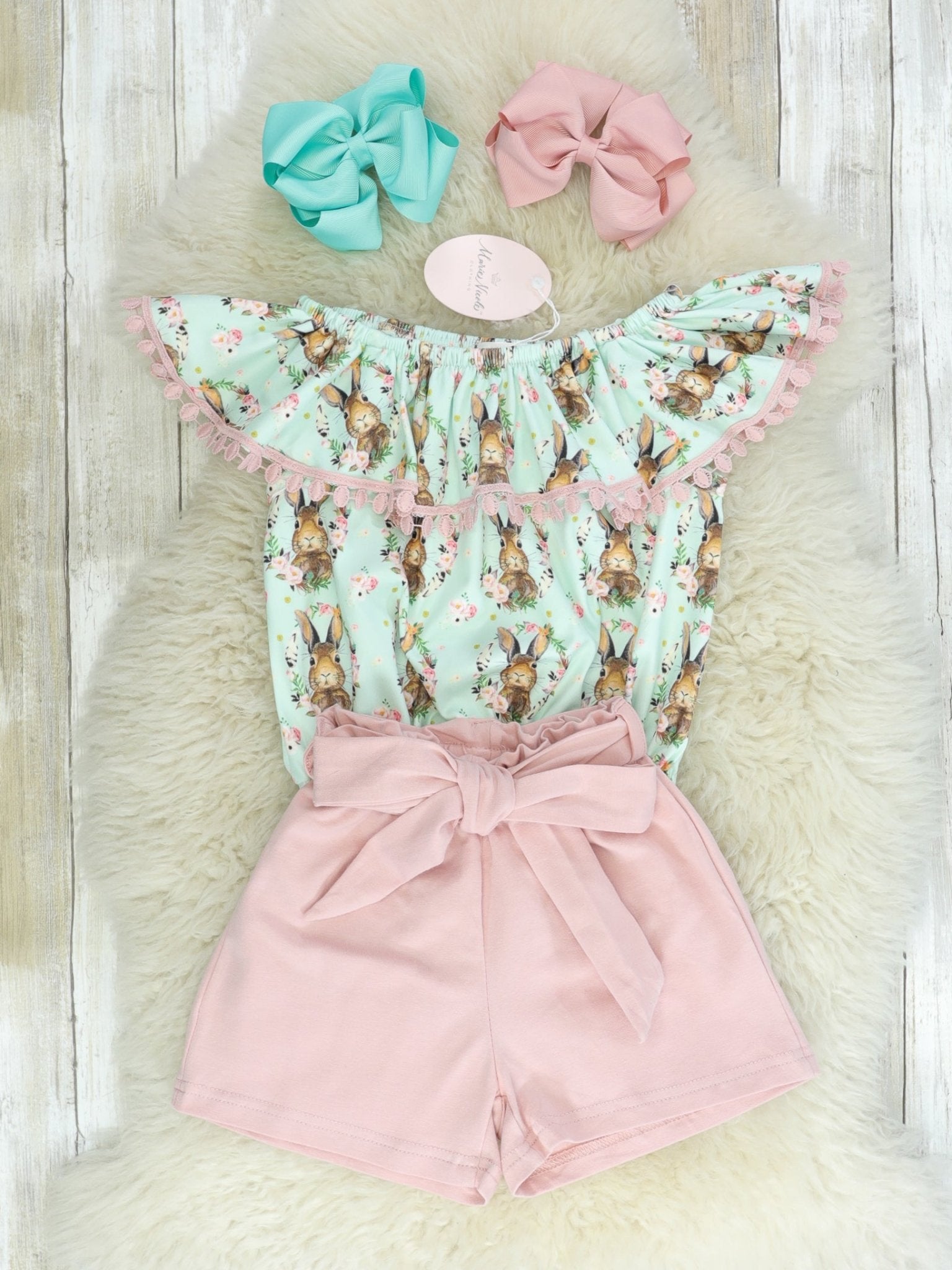 Pink & Mint Bunny Top & Shorts Outfit - Marie Nicole Clothing