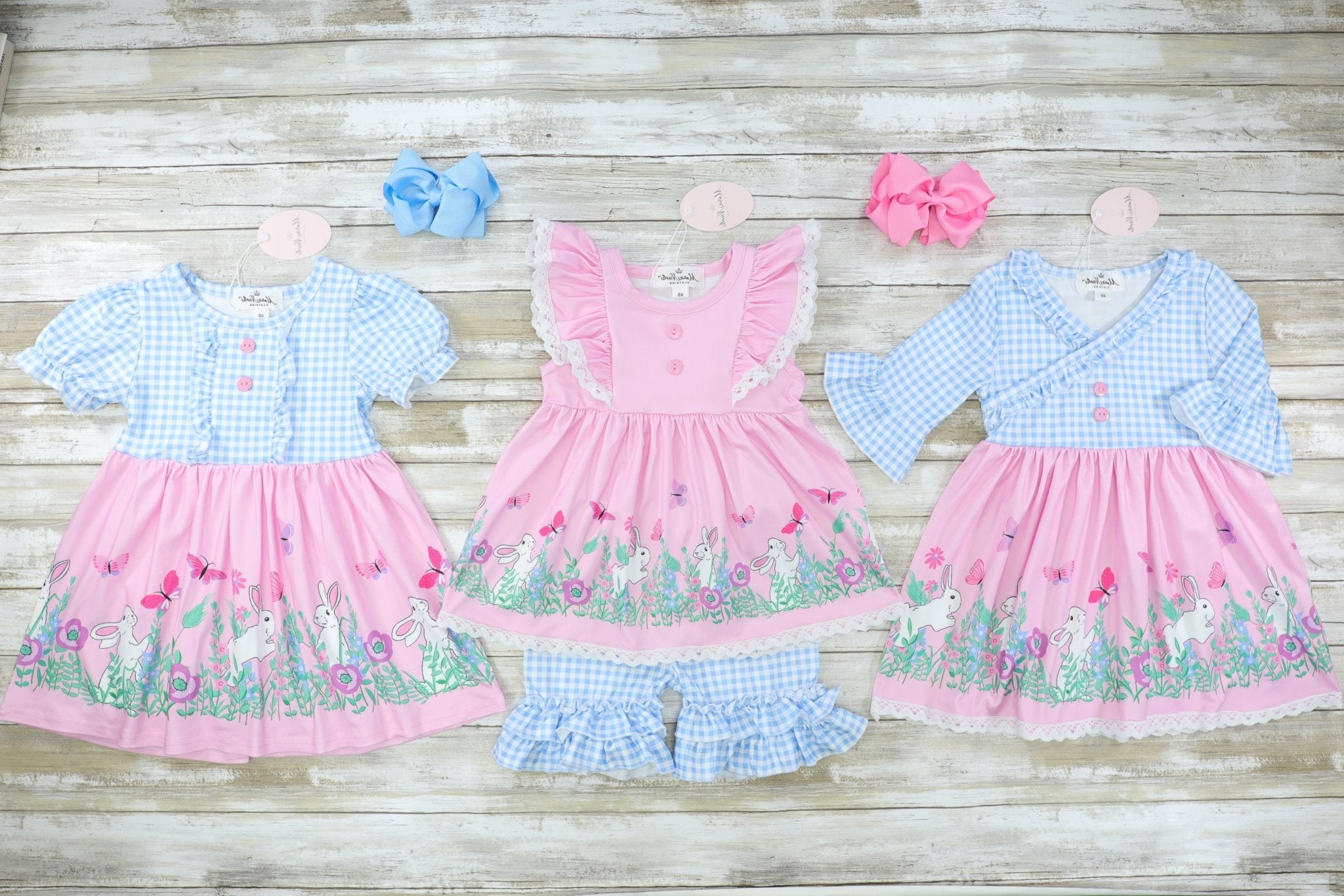 Pink & Blue Spring Scene Faux Wrap Dress - Marie Nicole Clothing