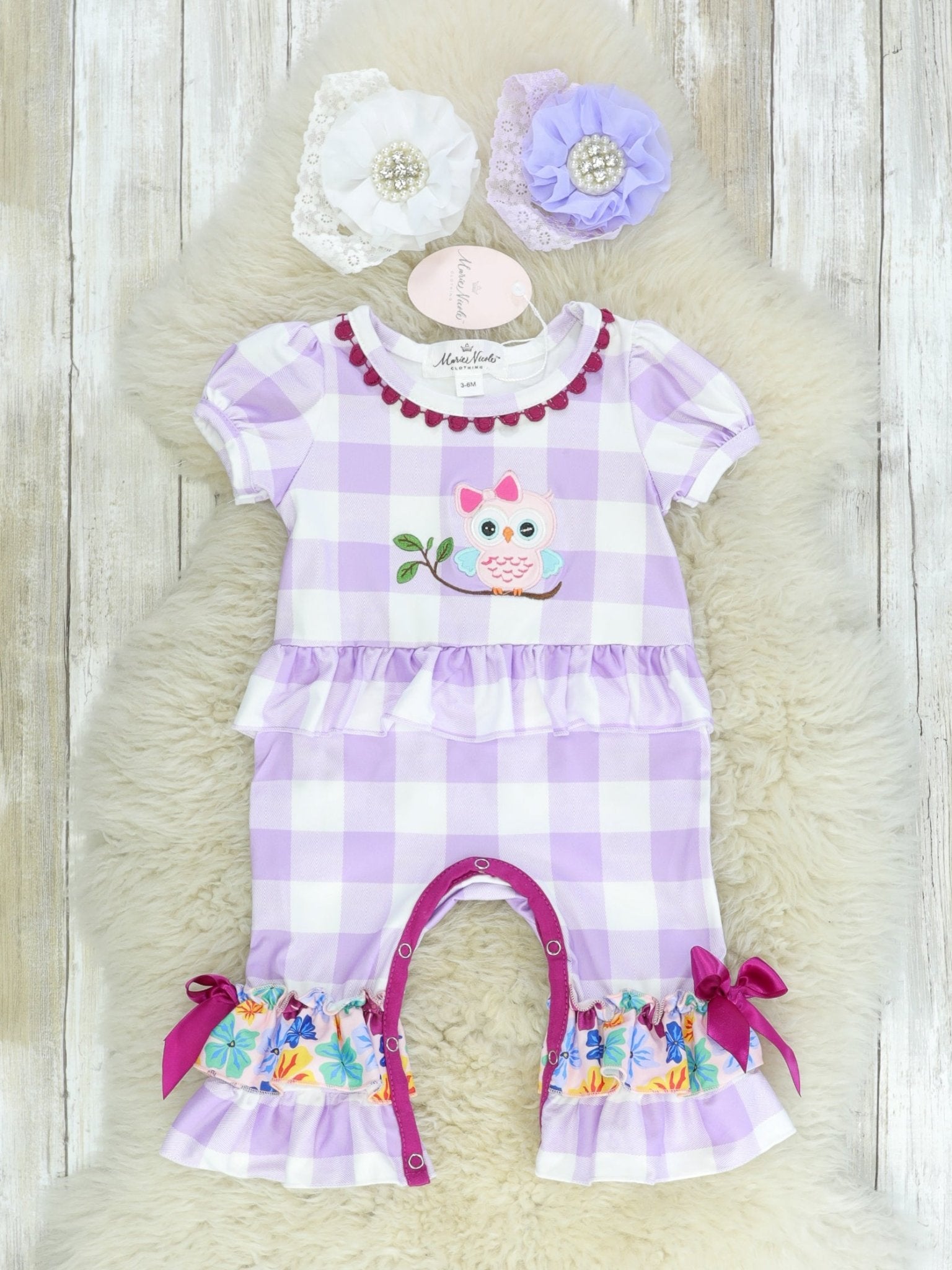 Purple Plaid Owl Ruffle Romper - Marie Nicole Clothing