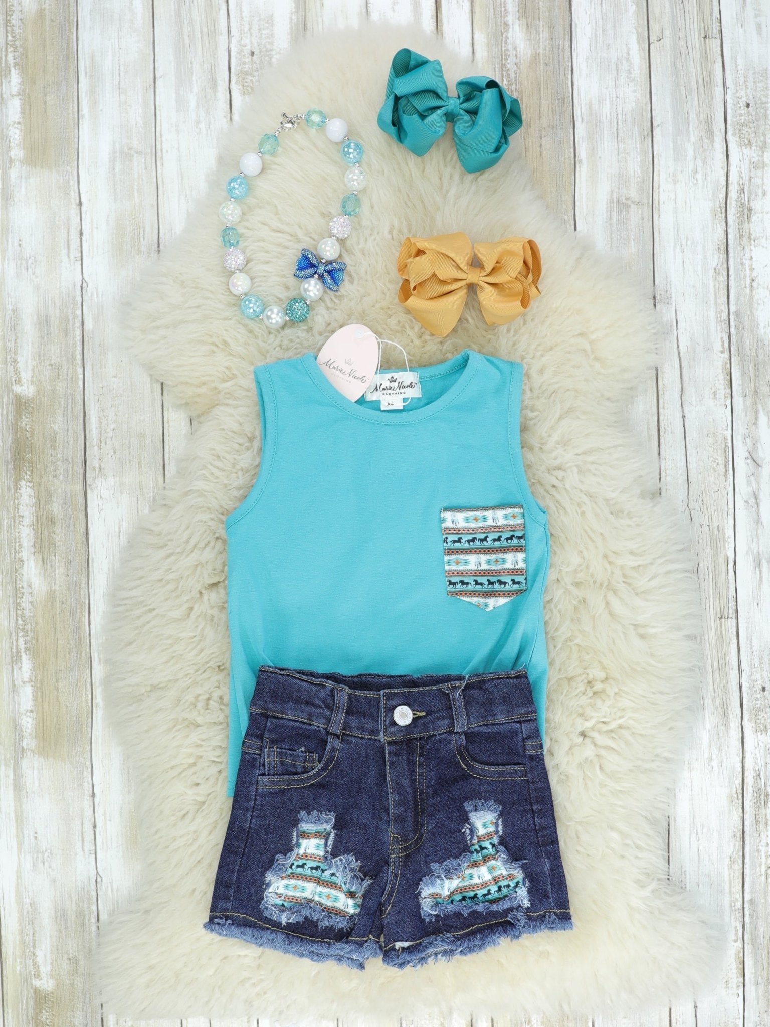 Horse Aztec Teal Tie Tank Denim Shorts Outfit - Marie Nicole Clothing