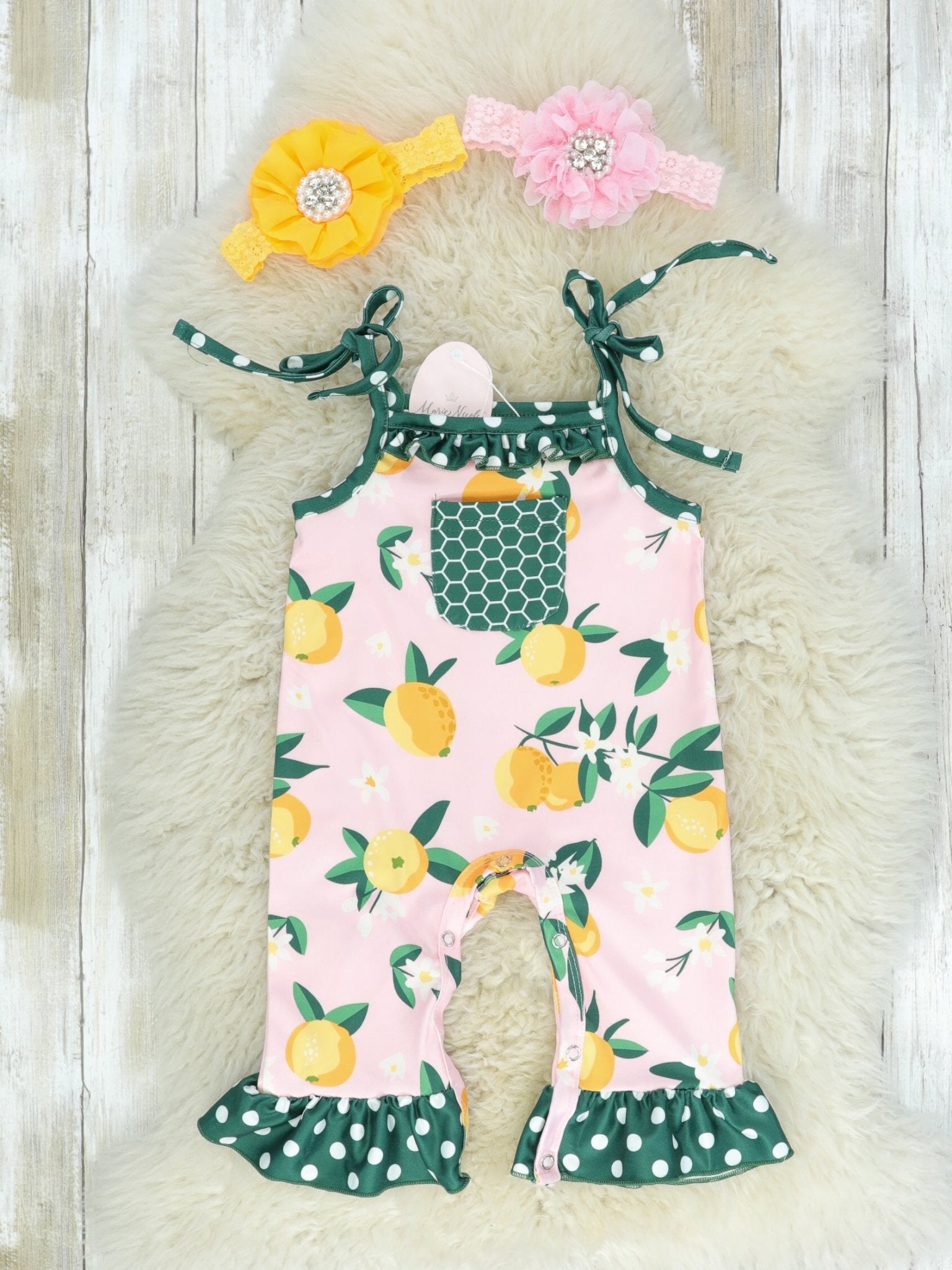 Green & Yellow Lemon Polka Dot Tie Romper - Marie Nicole Clothing