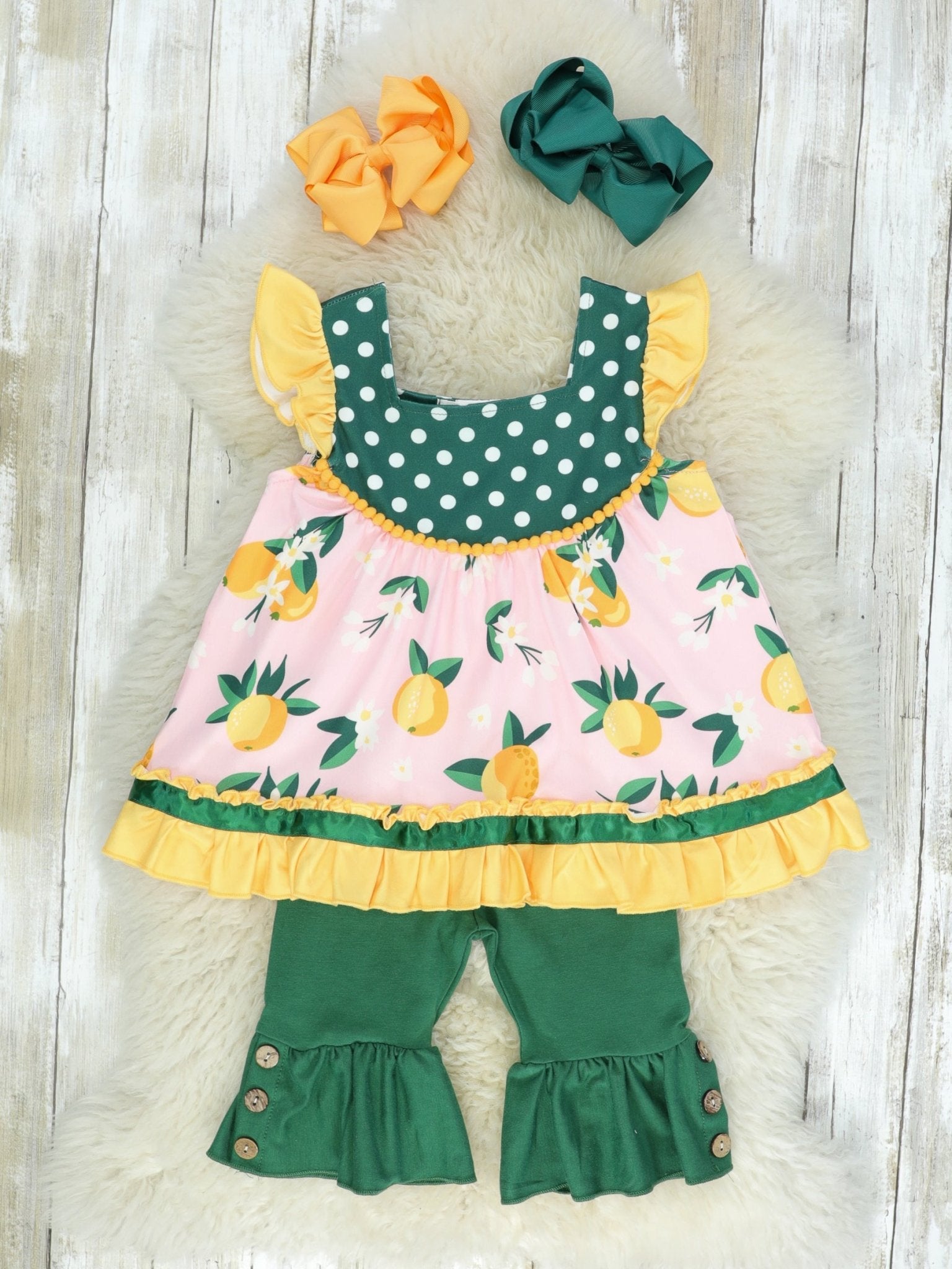 Green & Yellow Lemons Ruffle Top & Capris Outfit - Marie Nicole Clothing