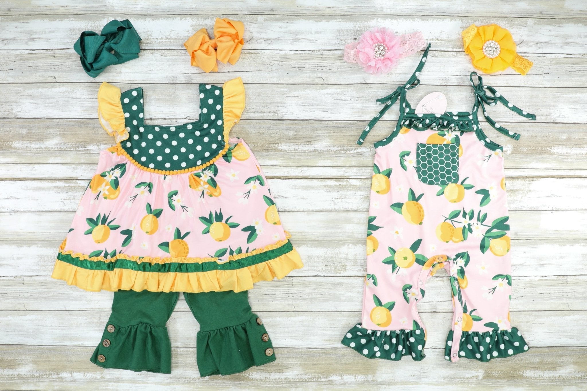 Green & Yellow Lemons Ruffle Top & Capris Outfit - Marie Nicole Clothing