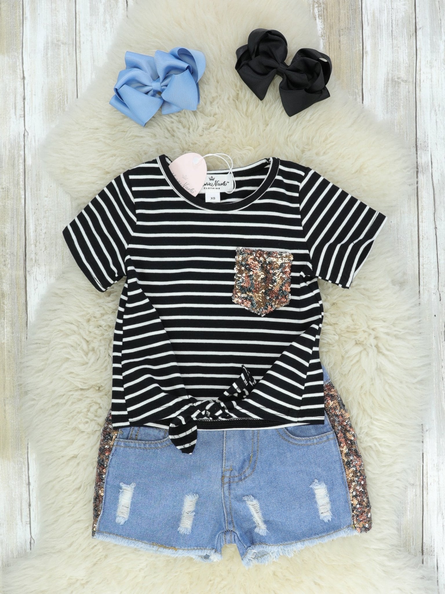 Black & White Striped Sequin Pocket Tee & Denim Shorts Outfit - Marie Nicole Clothing