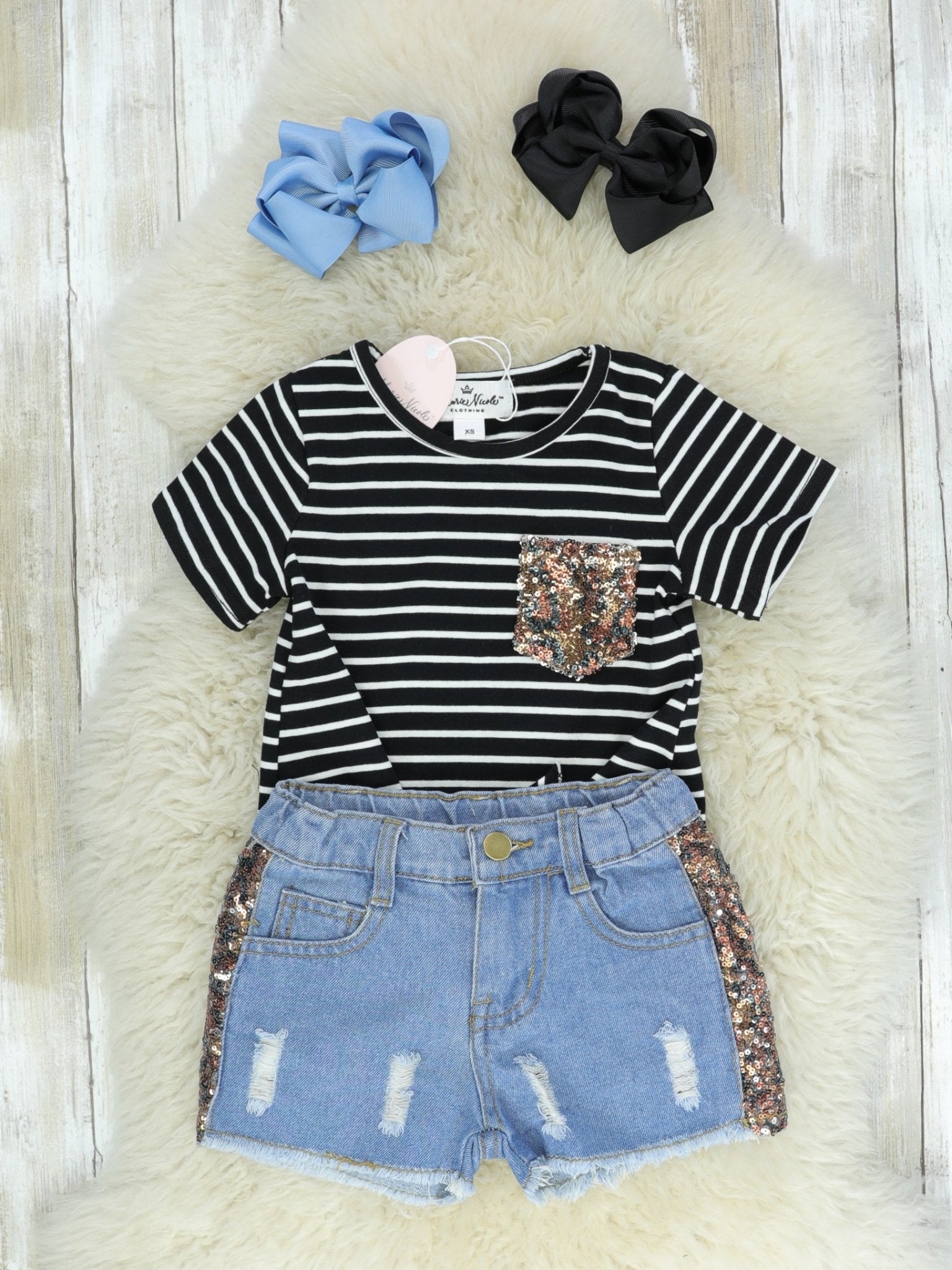 Black & White Striped Sequin Pocket Tee & Denim Shorts Outfit - Marie Nicole Clothing
