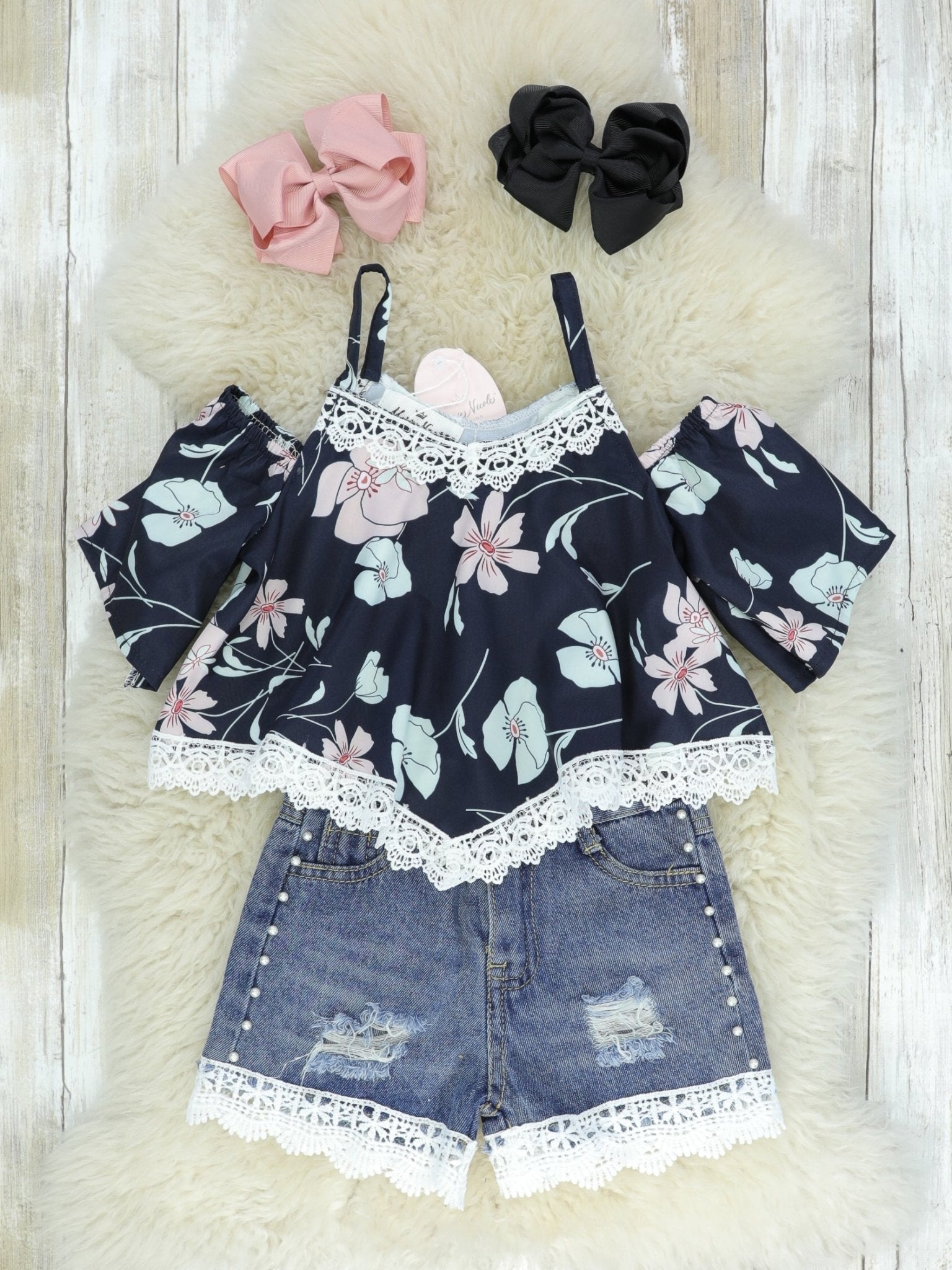 Pink & Navy Floral Lace Top & Denim Shorts Outfit - Marie Nicole Clothing