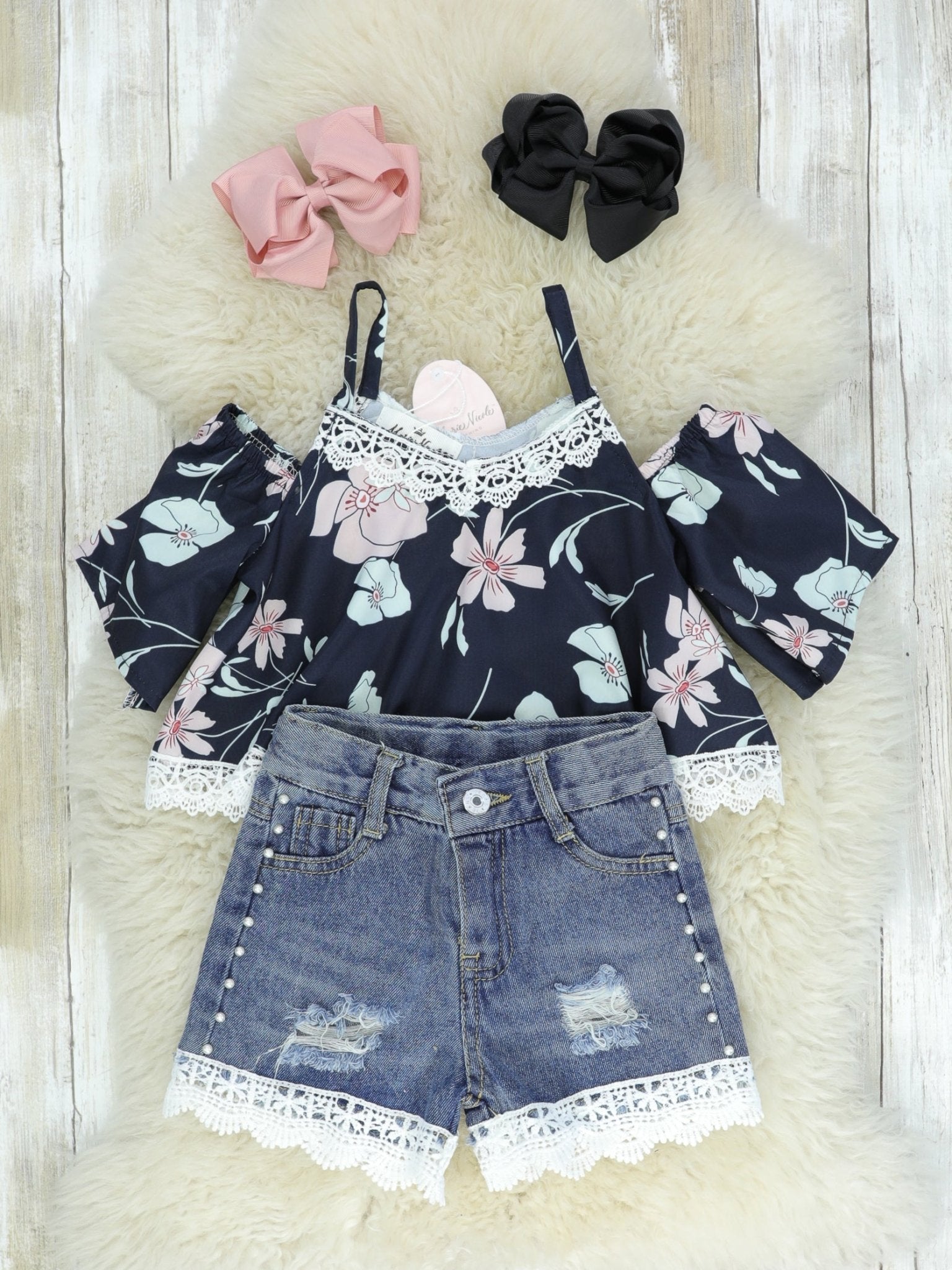 Pink & Navy Floral Lace Top & Denim Shorts Outfit - Marie Nicole Clothing
