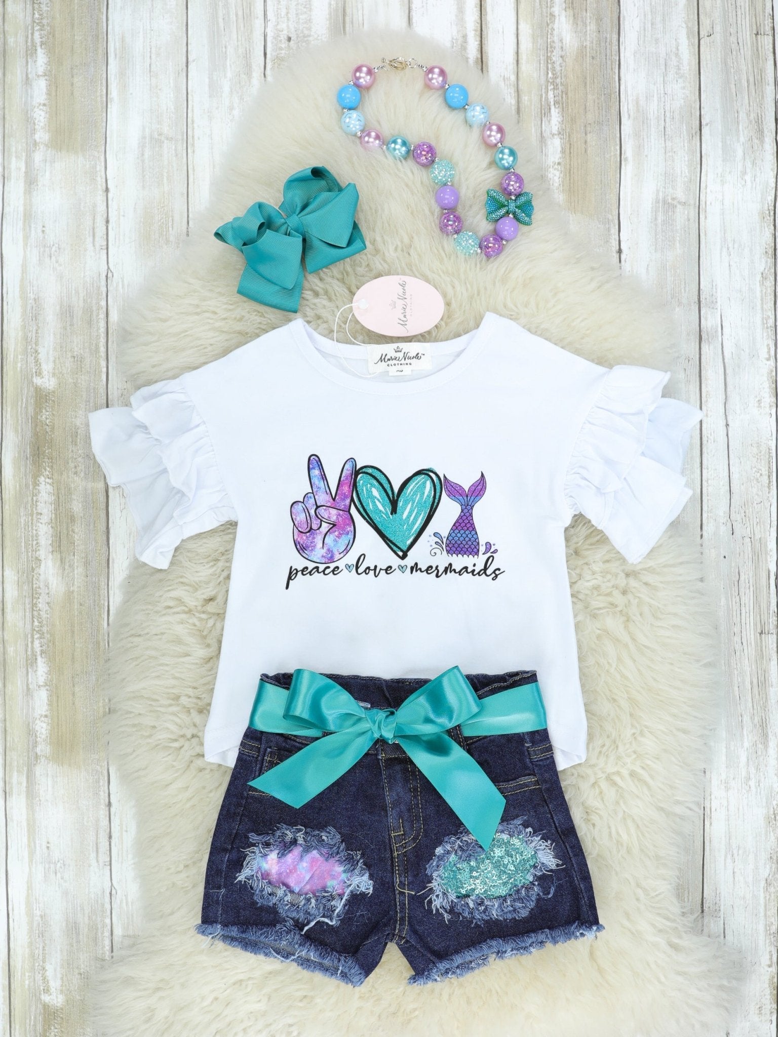 "Peace, Love, Mermaids" Distressed Denim Outfit - Marie Nicole Clothing