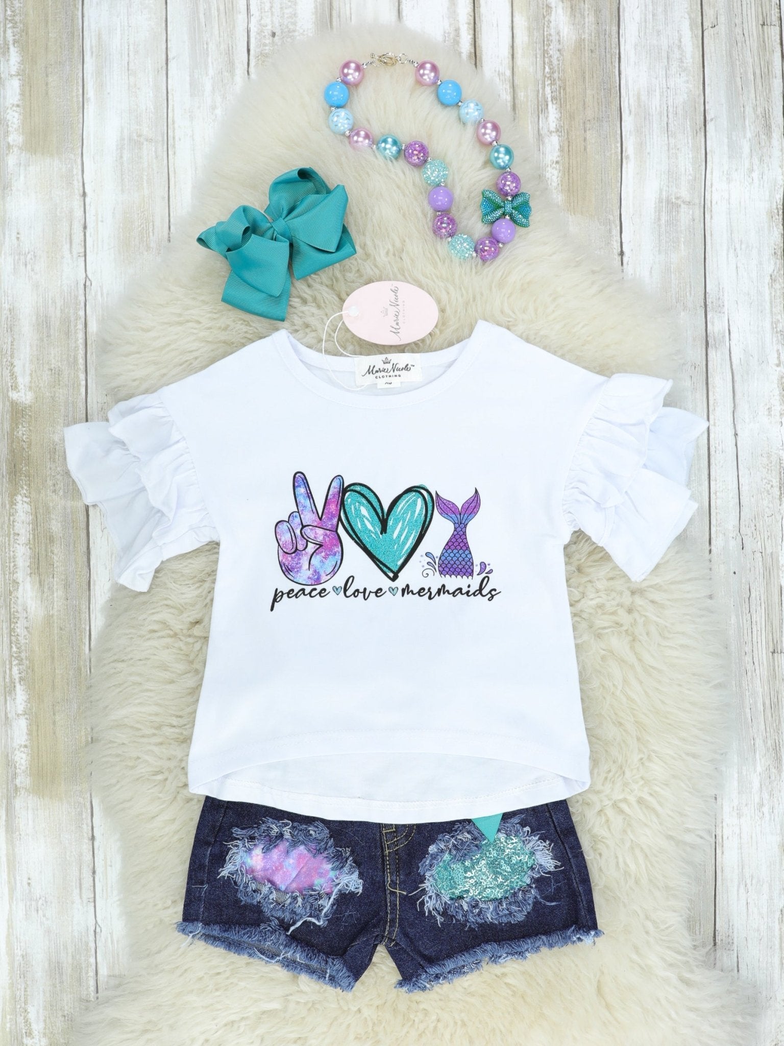 "Peace, Love, Mermaids" Distressed Denim Outfit - Marie Nicole Clothing