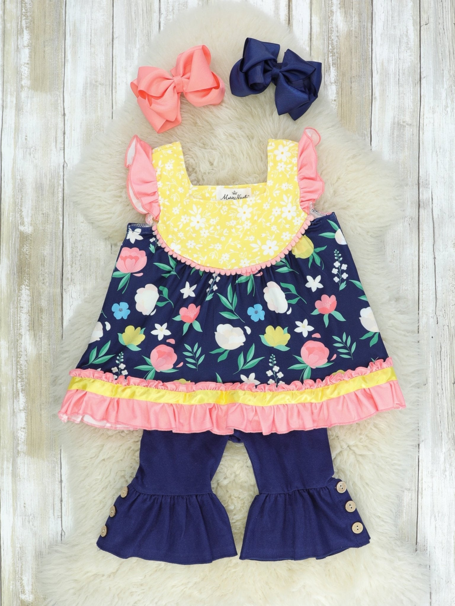 Pink & Yellow Floral Tank Ruffle Capri Outfit - Marie Nicole Clothing