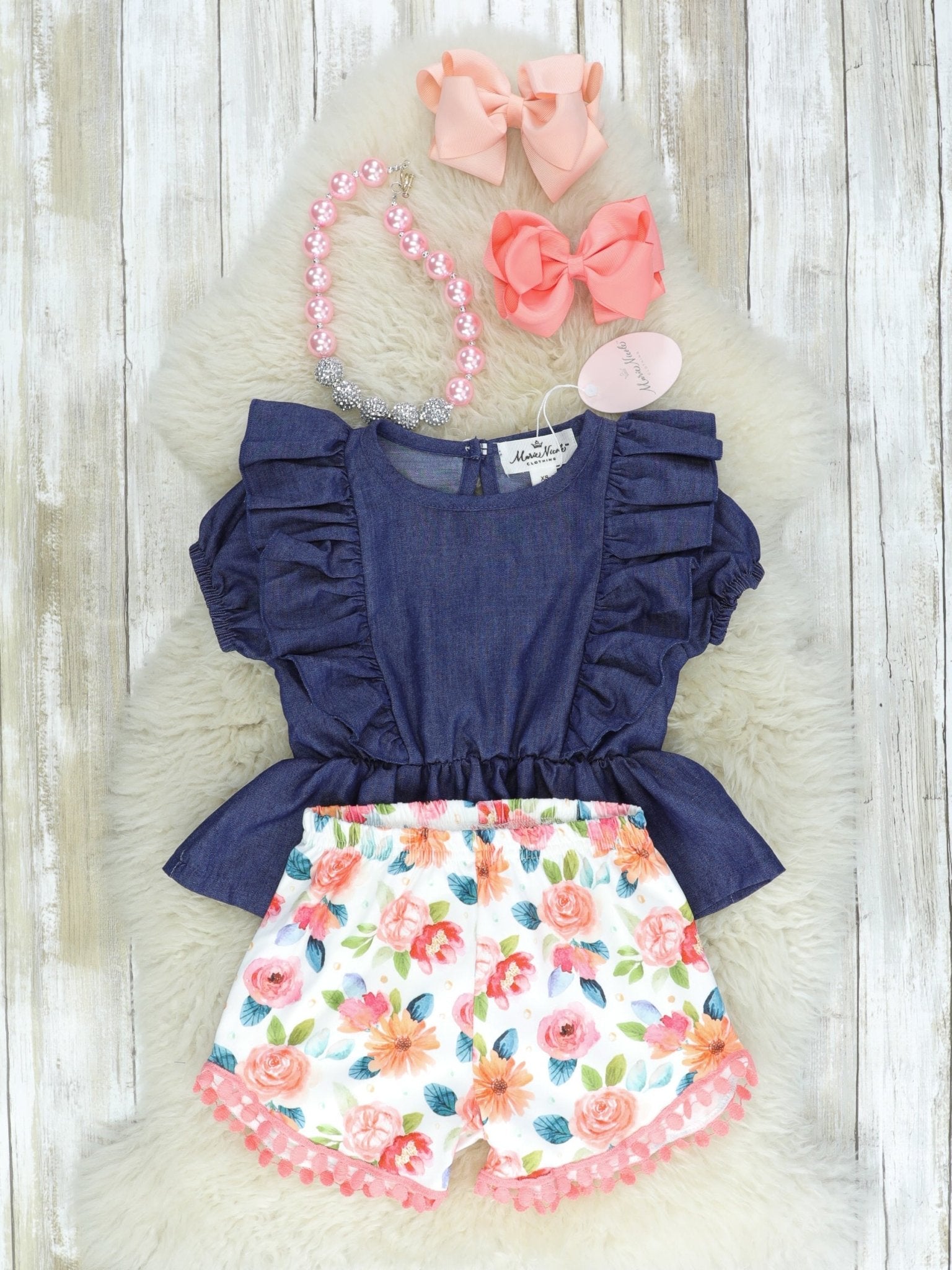 Navy & Pink Floral Ruffle Shorts Outfit - Marie Nicole Clothing