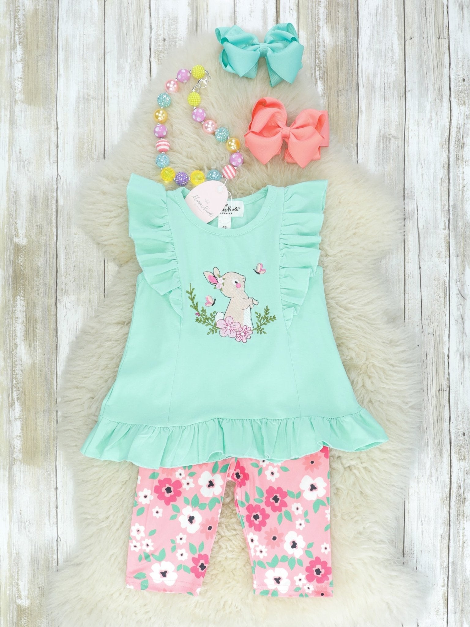 Mint & Pink Ruffle Tunic Floral Pants Outfit - Marie Nicole Clothing