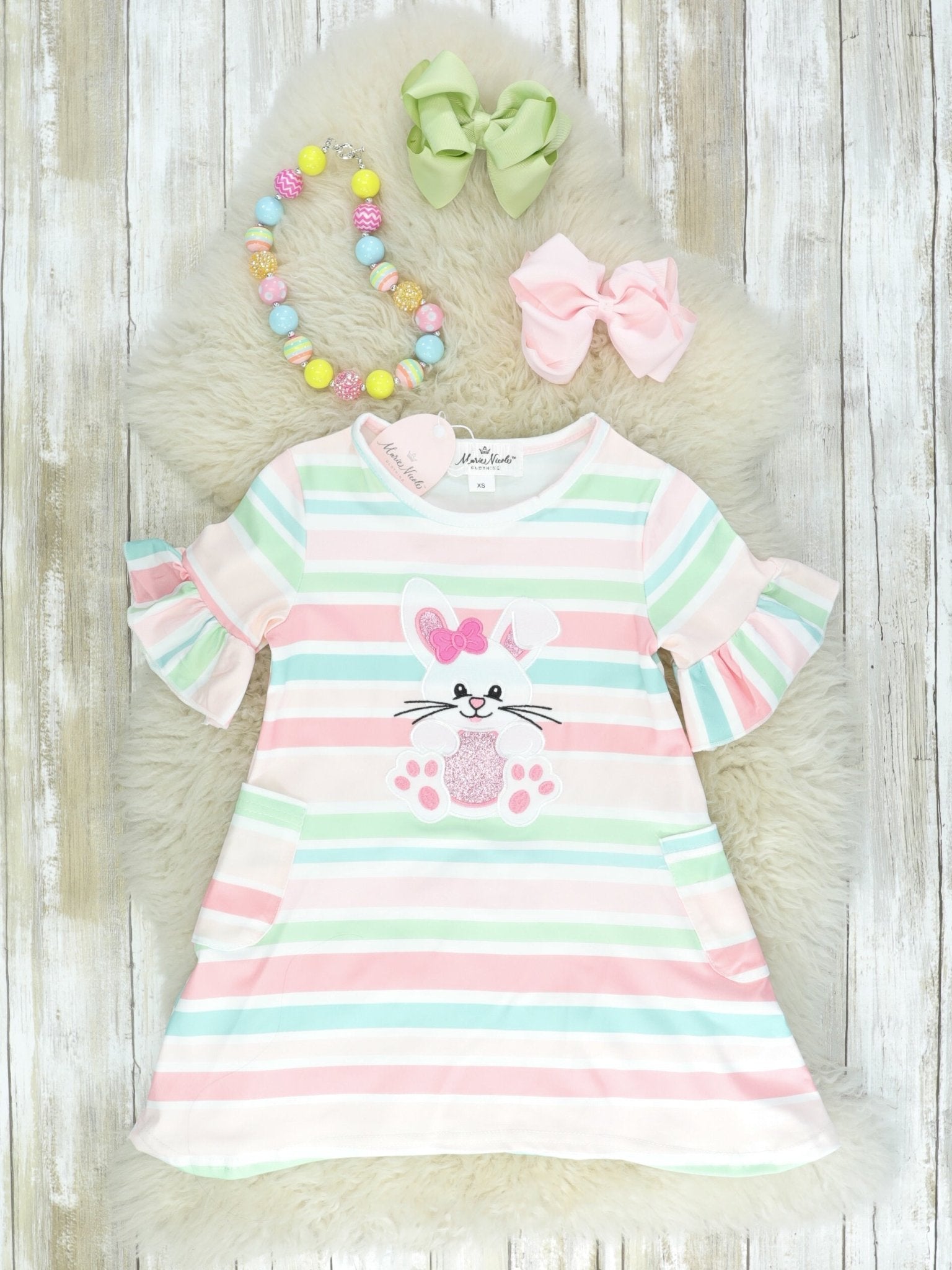 Pastel Bunny Striped Dress - Marie Nicole Clothing