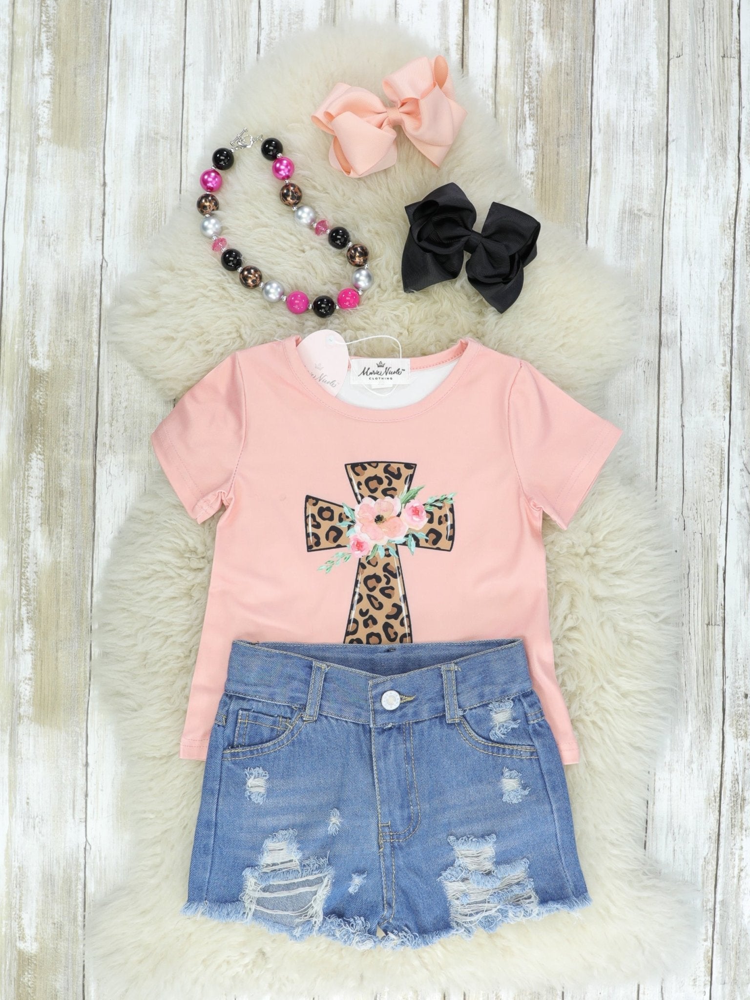Pink Leopard Cross Denim Shorts Outfit - Marie Nicole Clothing