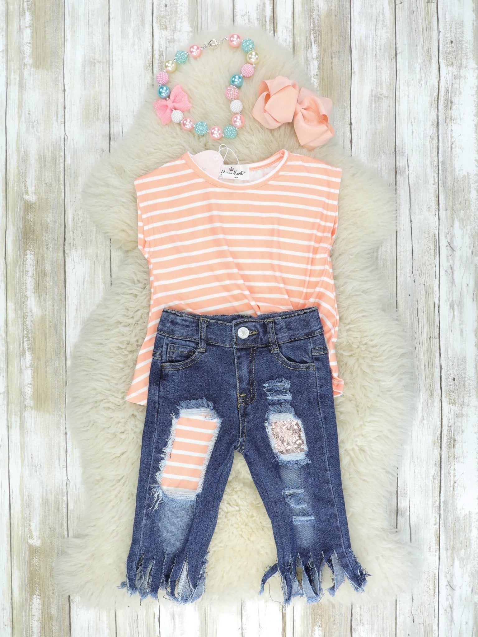 Pink Striped Knot Tank & Fringe Denim Capris Outfit - Marie Nicole Clothing