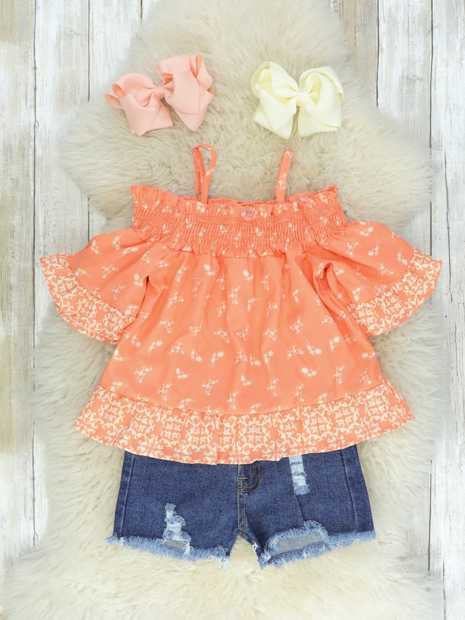 Orange Floral Boho Top & Denim Shorts Outfit - Marie Nicole Clothing