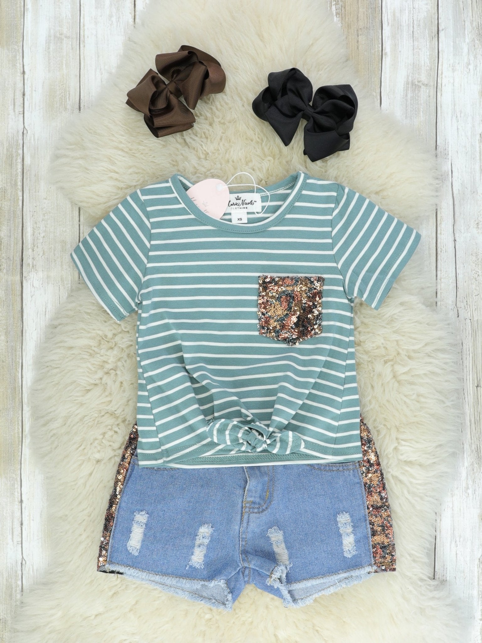 Sage Sequin Pocket Tee & Denim Shorts Outfit - Marie Nicole Clothing