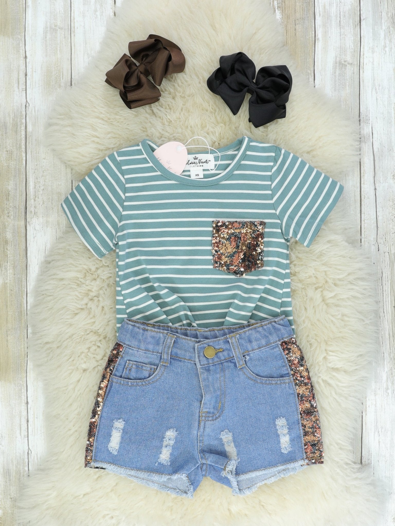 Sage Sequin Pocket Tee & Denim Shorts Outfit - Marie Nicole Clothing