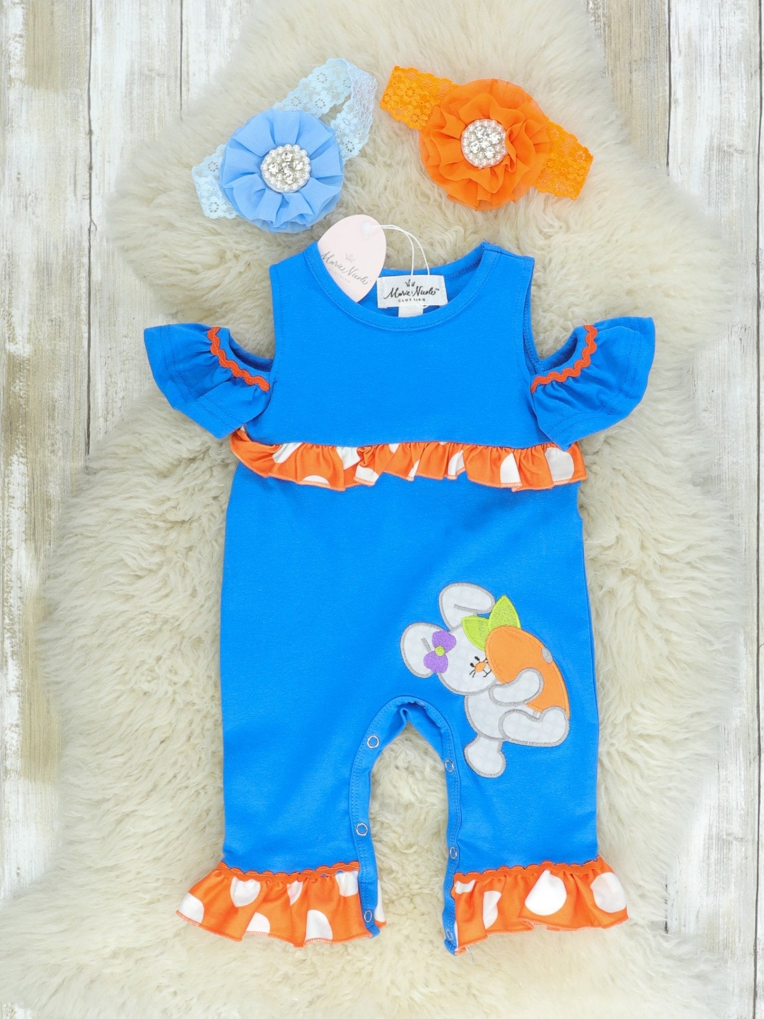Cobalt Blue & Orange Bunny Carrot Romper - Marie Nicole Clothing