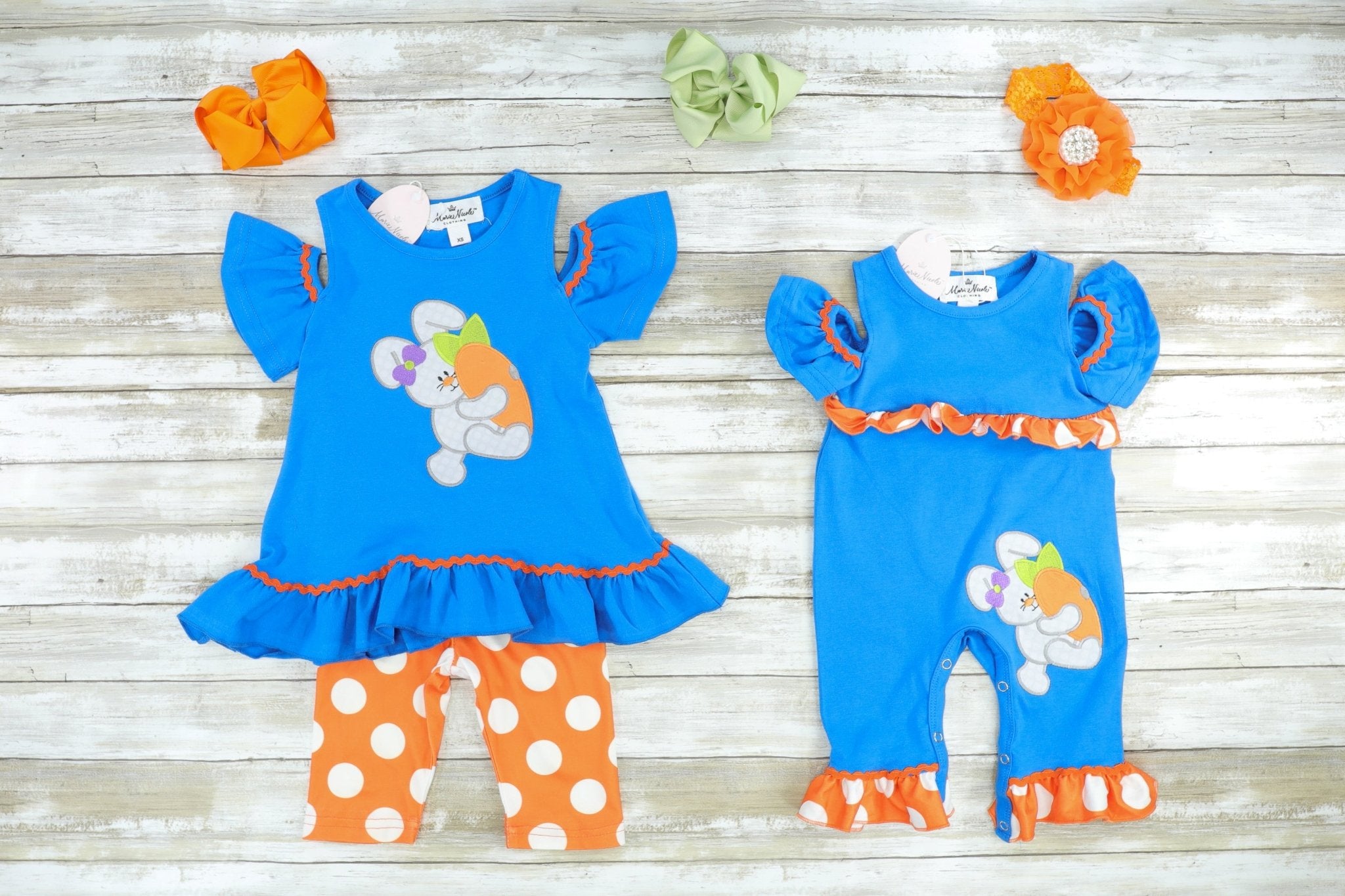 Cobalt Blue & Orange Bunny Carrot Romper - Marie Nicole Clothing