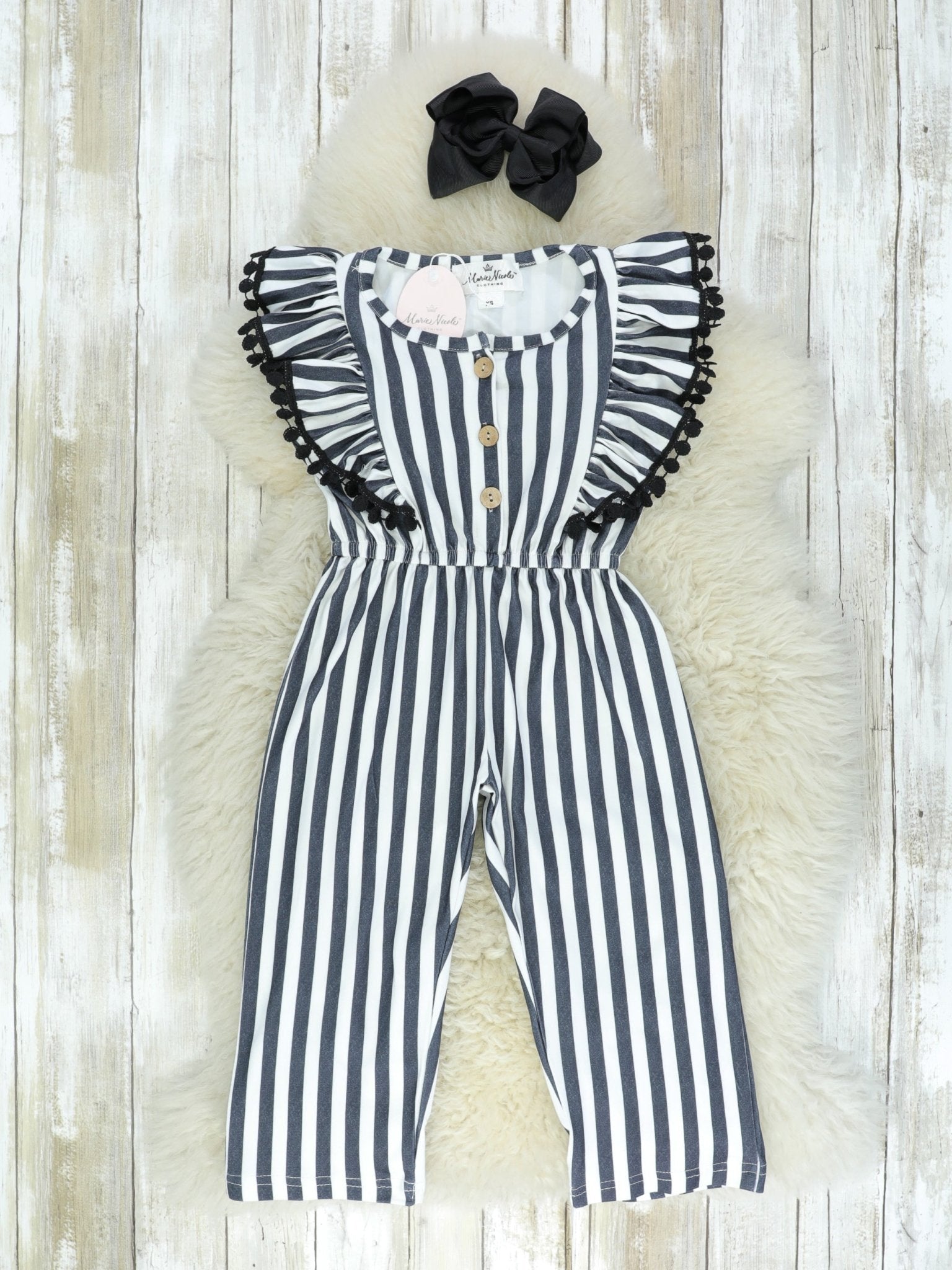 Black & White Striped Ruffle Jumpsuit / Romper - Marie Nicole Clothing