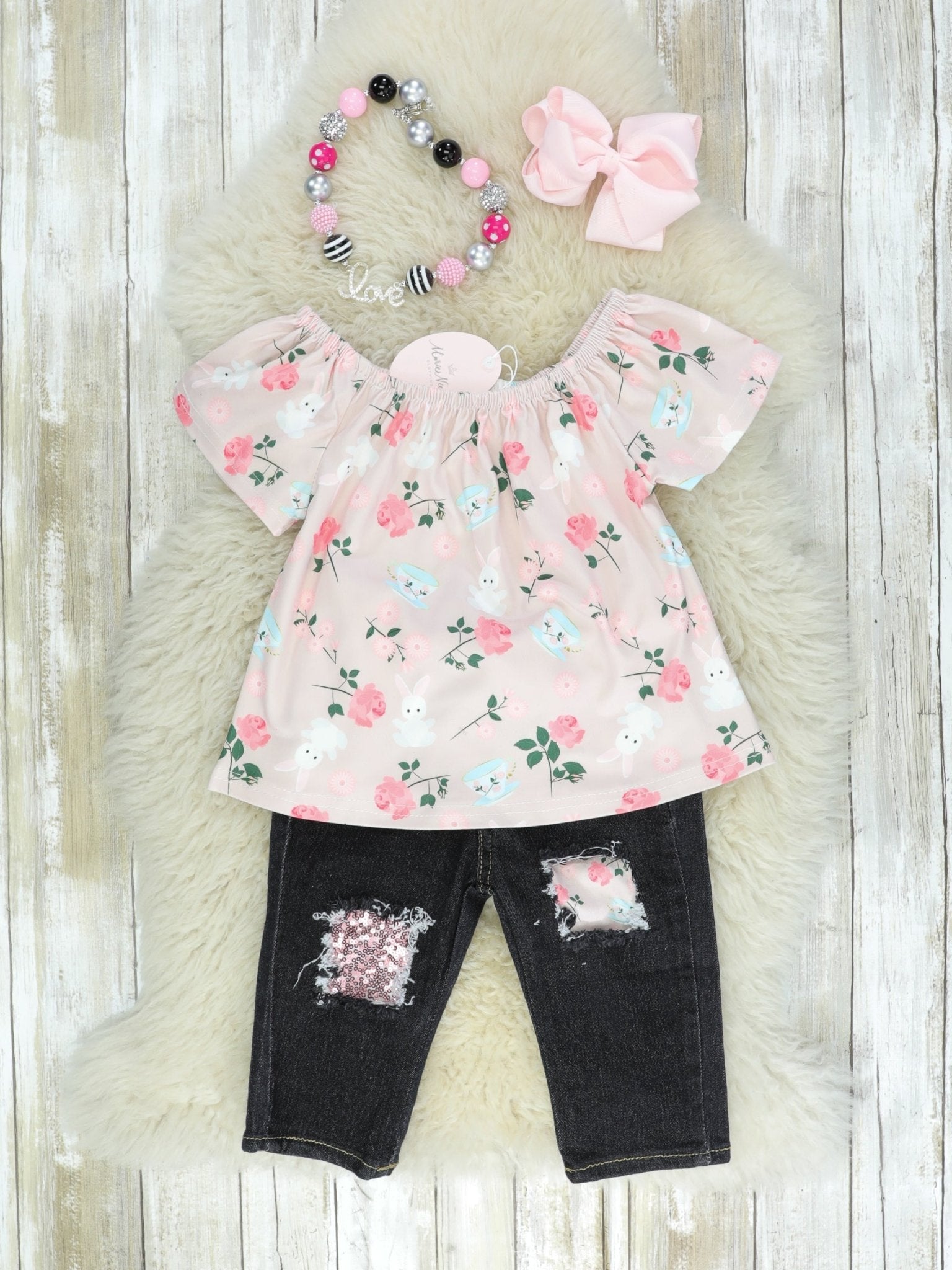 Bunny Soft Pink Floral Denim Outfit - Marie Nicole Clothing