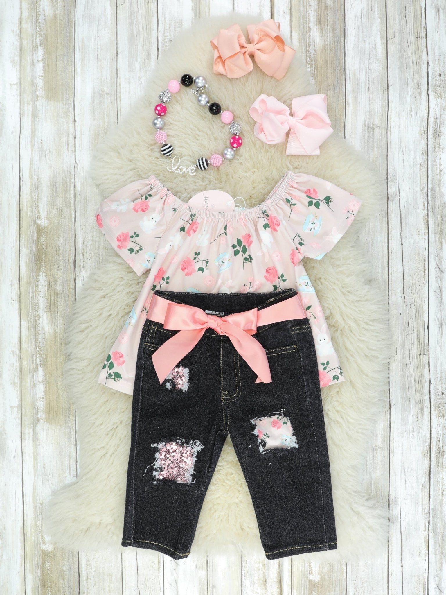 Bunny Soft Pink Floral Denim Outfit - Marie Nicole Clothing