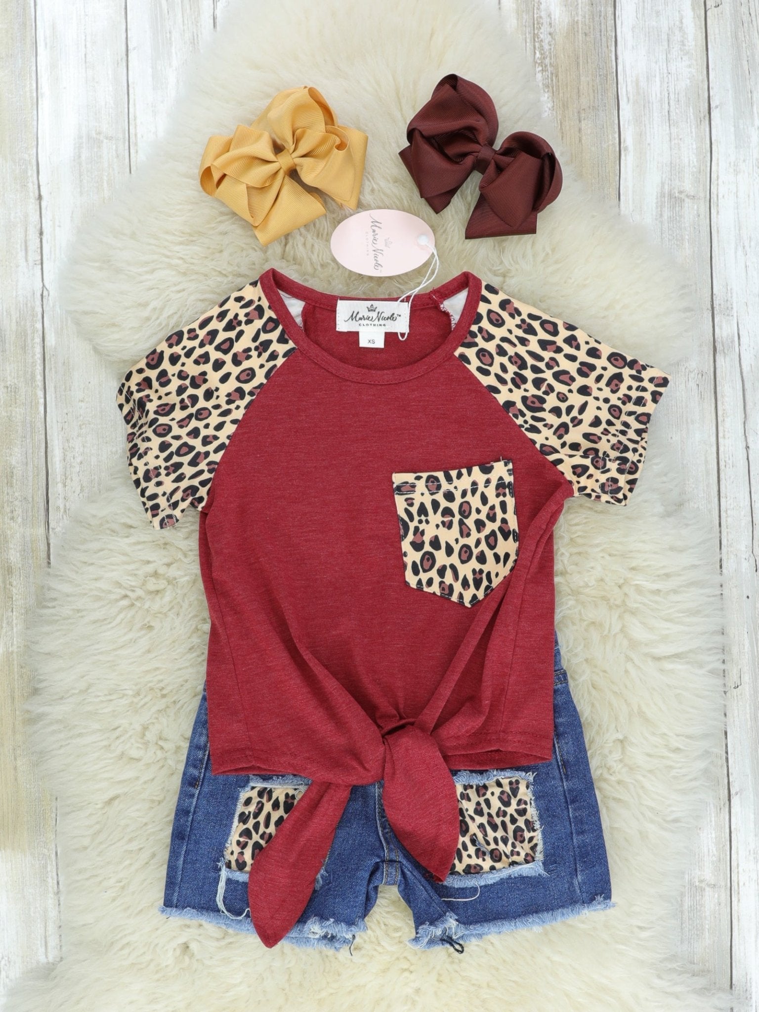 Burgundy & Leopard Tie Shirt & Denim Shorts Outfit - Marie Nicole Clothing