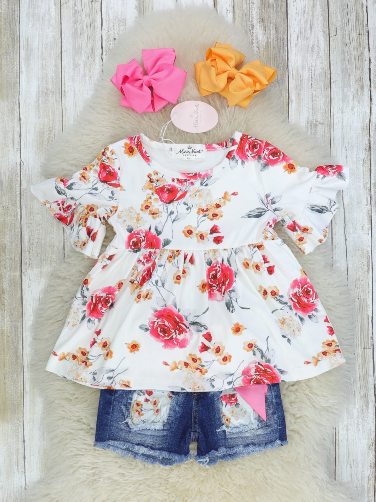 Pink Floral Ruffle Tunic & Distressed Denim Outfit - Marie Nicole Clothing