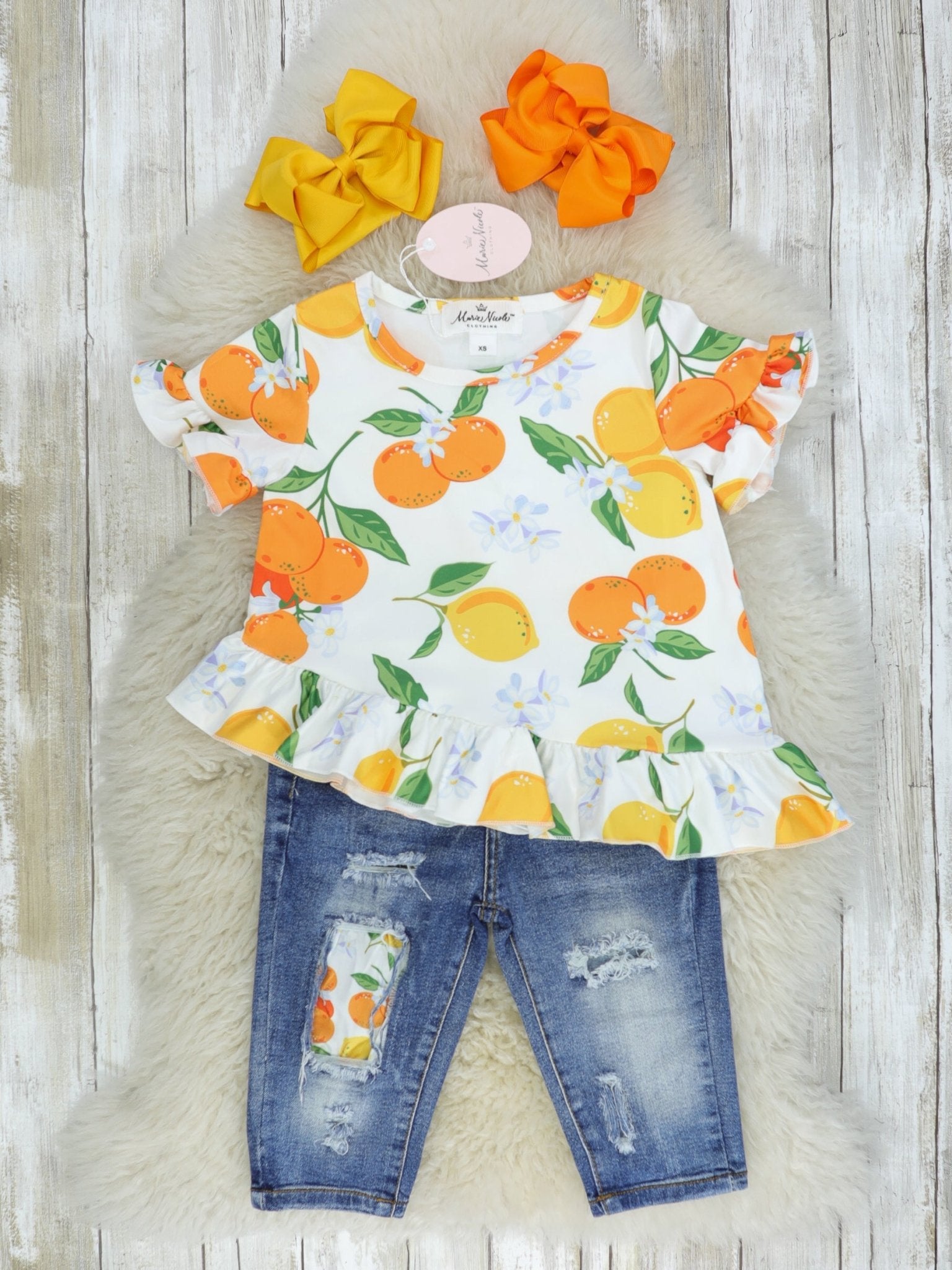 Nectarines Ruffle Top & Denim Capris Outfit - Marie Nicole Clothing