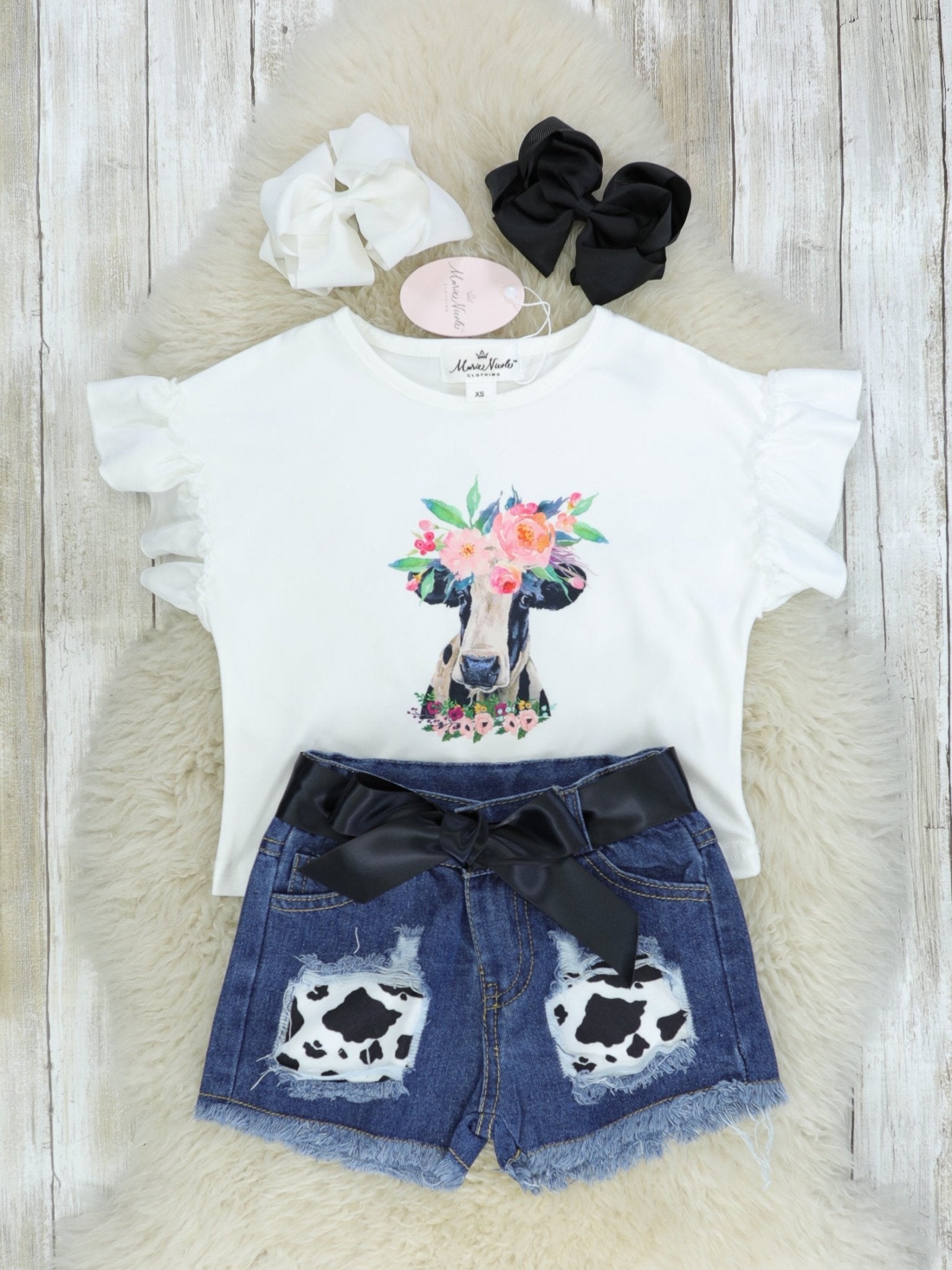 Cow Ruffle Top & Distressed Denim Outfit - Marie Nicole Clothing