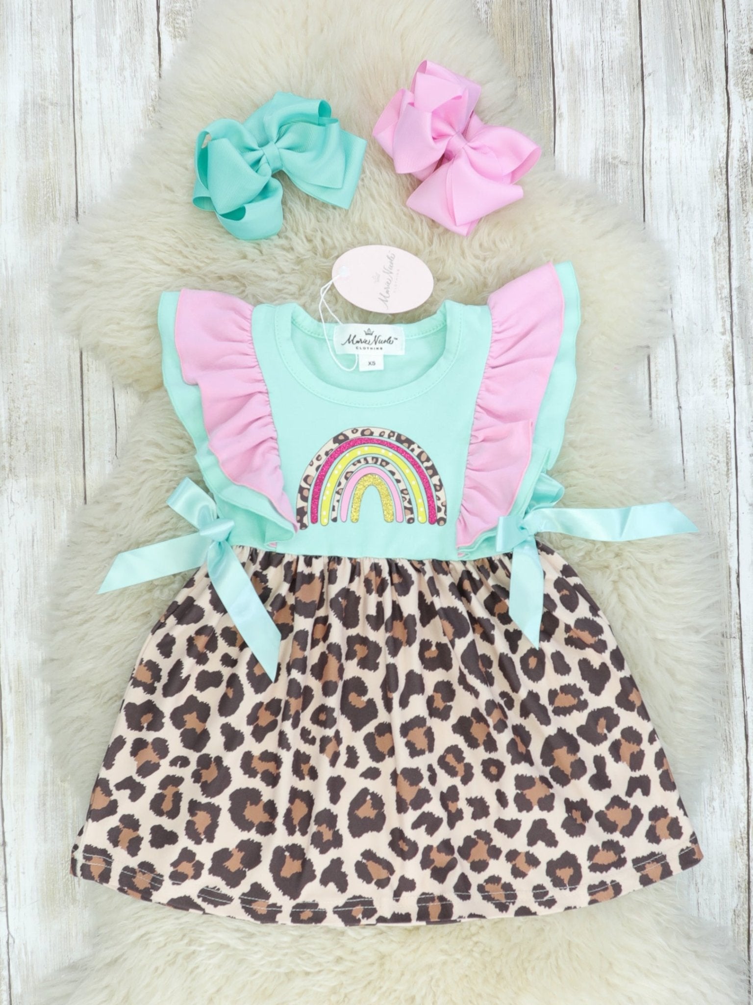 Teal & Leopard Rainbow Ruffle Dress - Marie Nicole Clothing