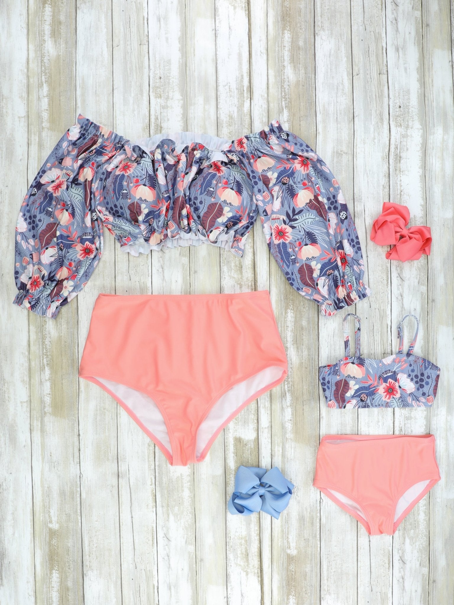 Mom & Me Grey Pink Floral Swimsuit - Marie Nicole Clothing