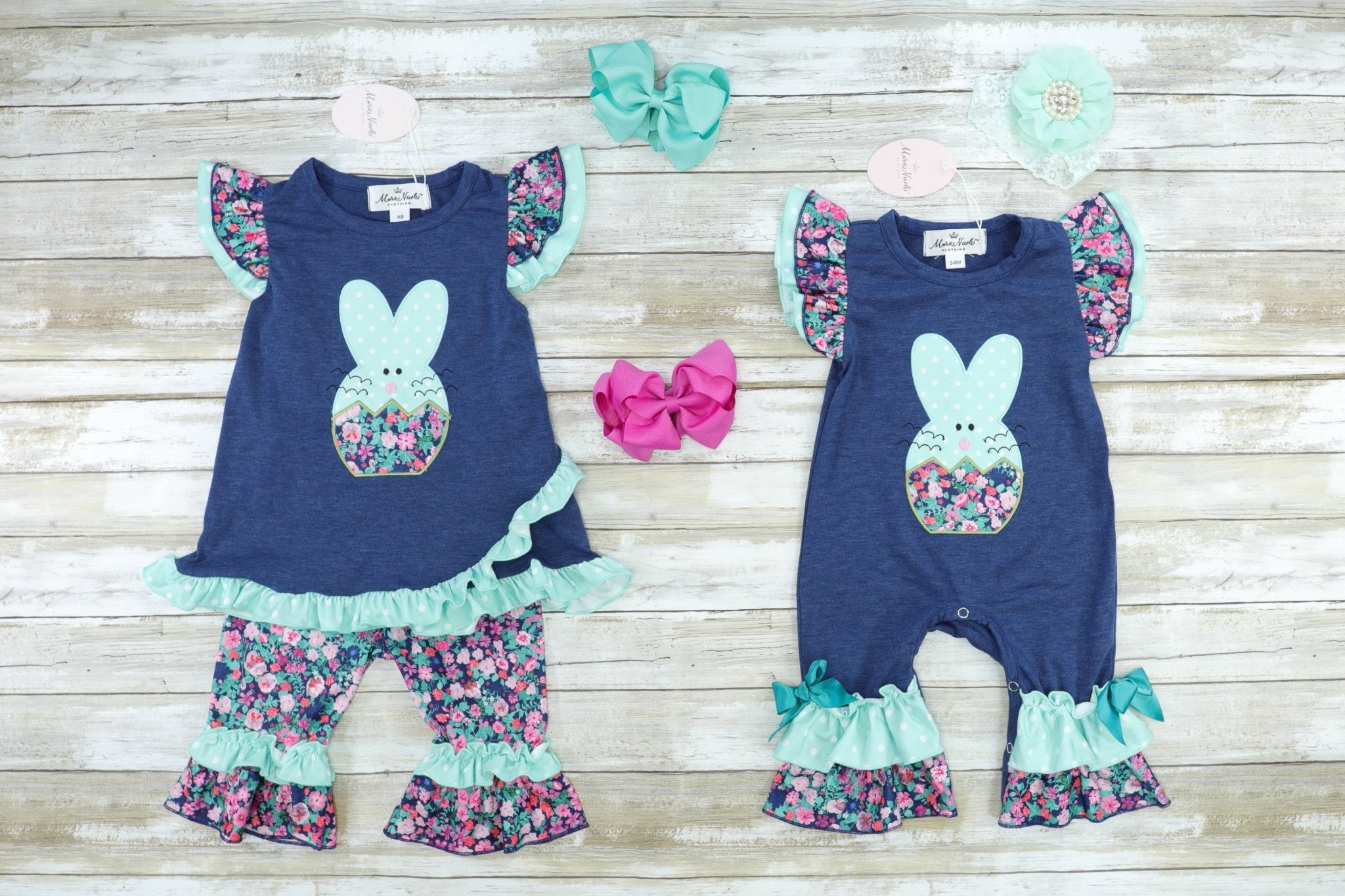 Navy & Mint Floral Bunny Ruffle Outfit - Marie Nicole Clothing