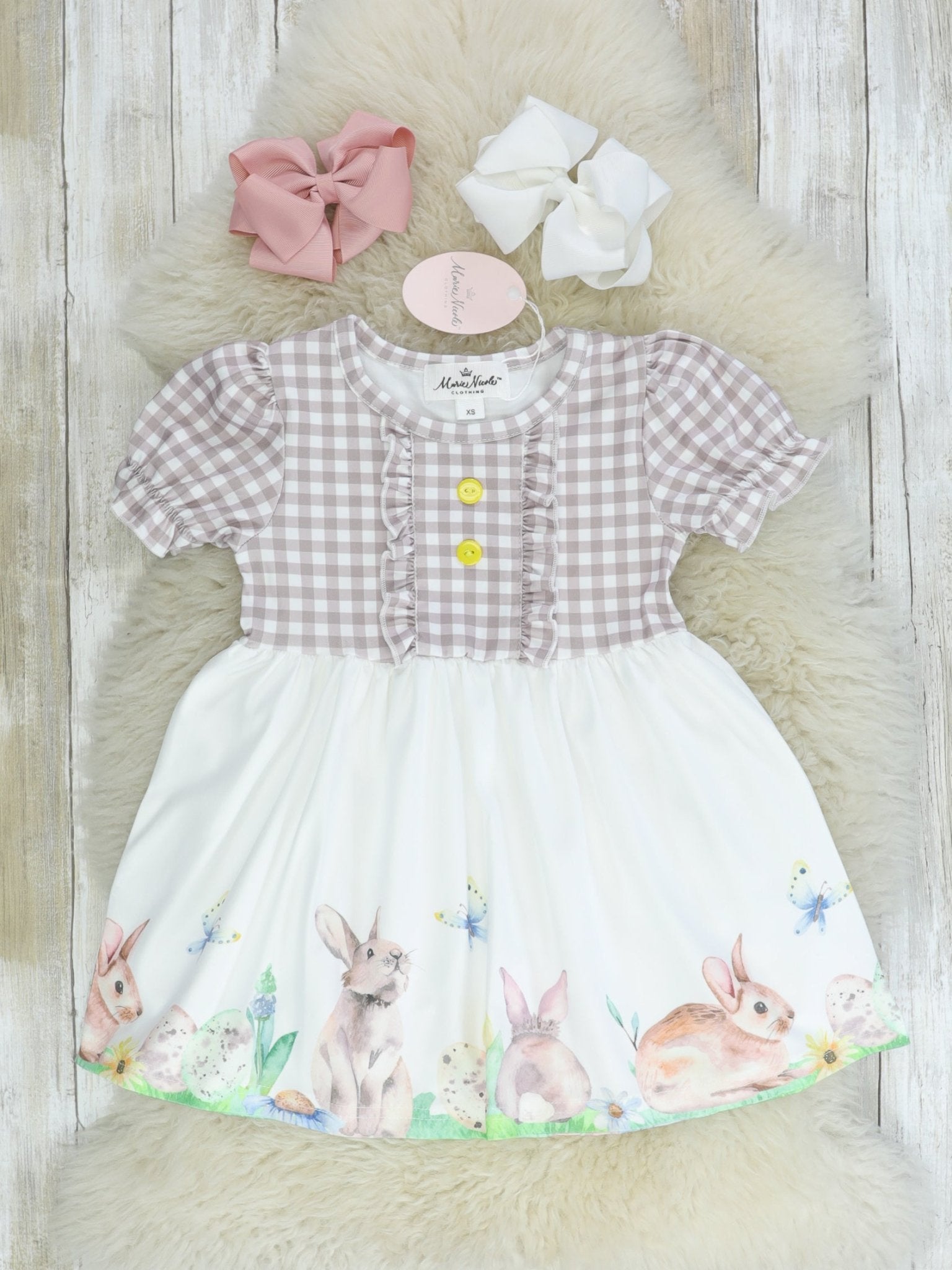 White & Brown Bunnies Ruffle Dress - Marie Nicole Clothing