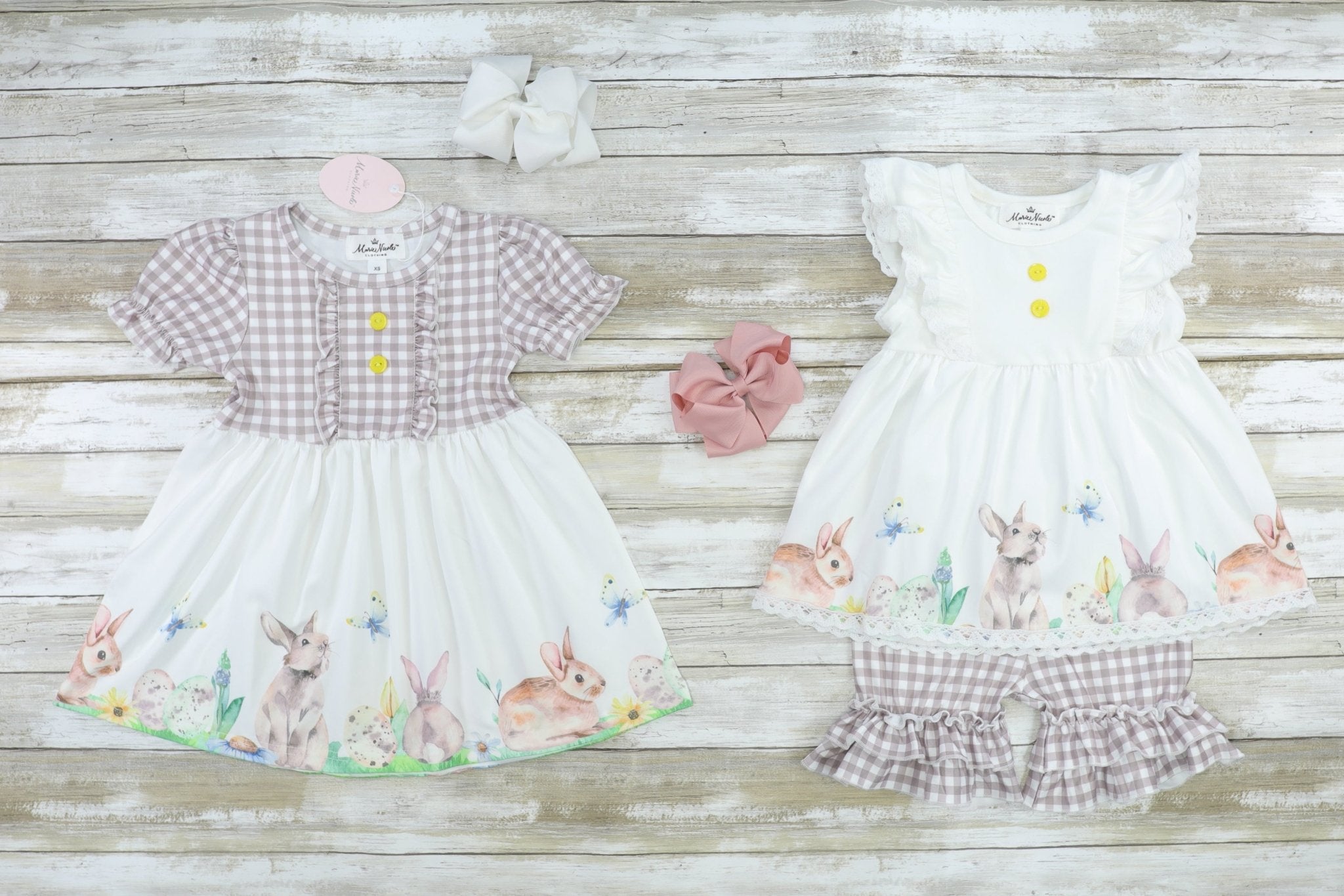 White & Brown Bunnies Ruffle Dress - Marie Nicole Clothing