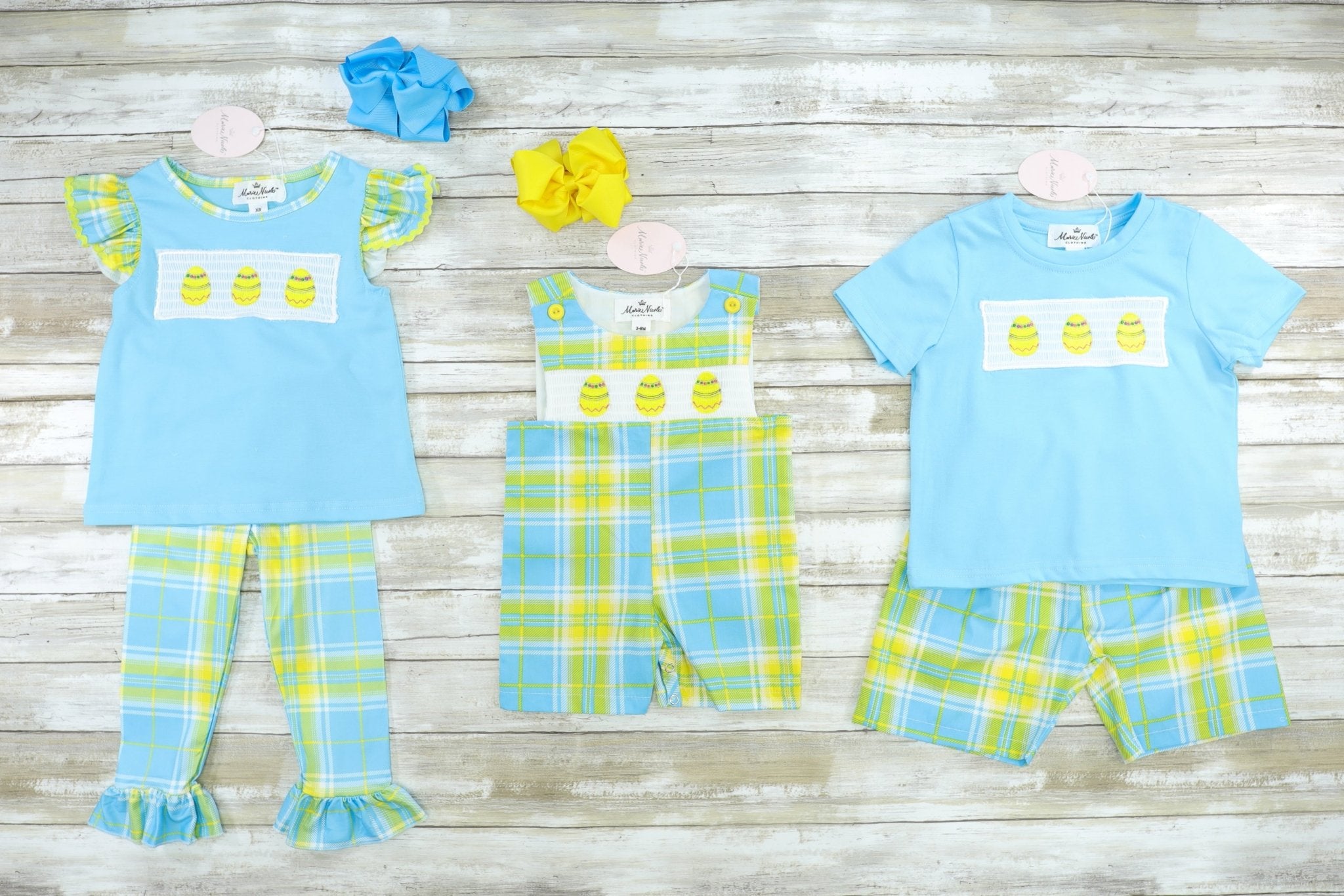 Blue, Green, & Yellow Plaid Easter Egg Smocked Dress - Marie Nicole Clothing